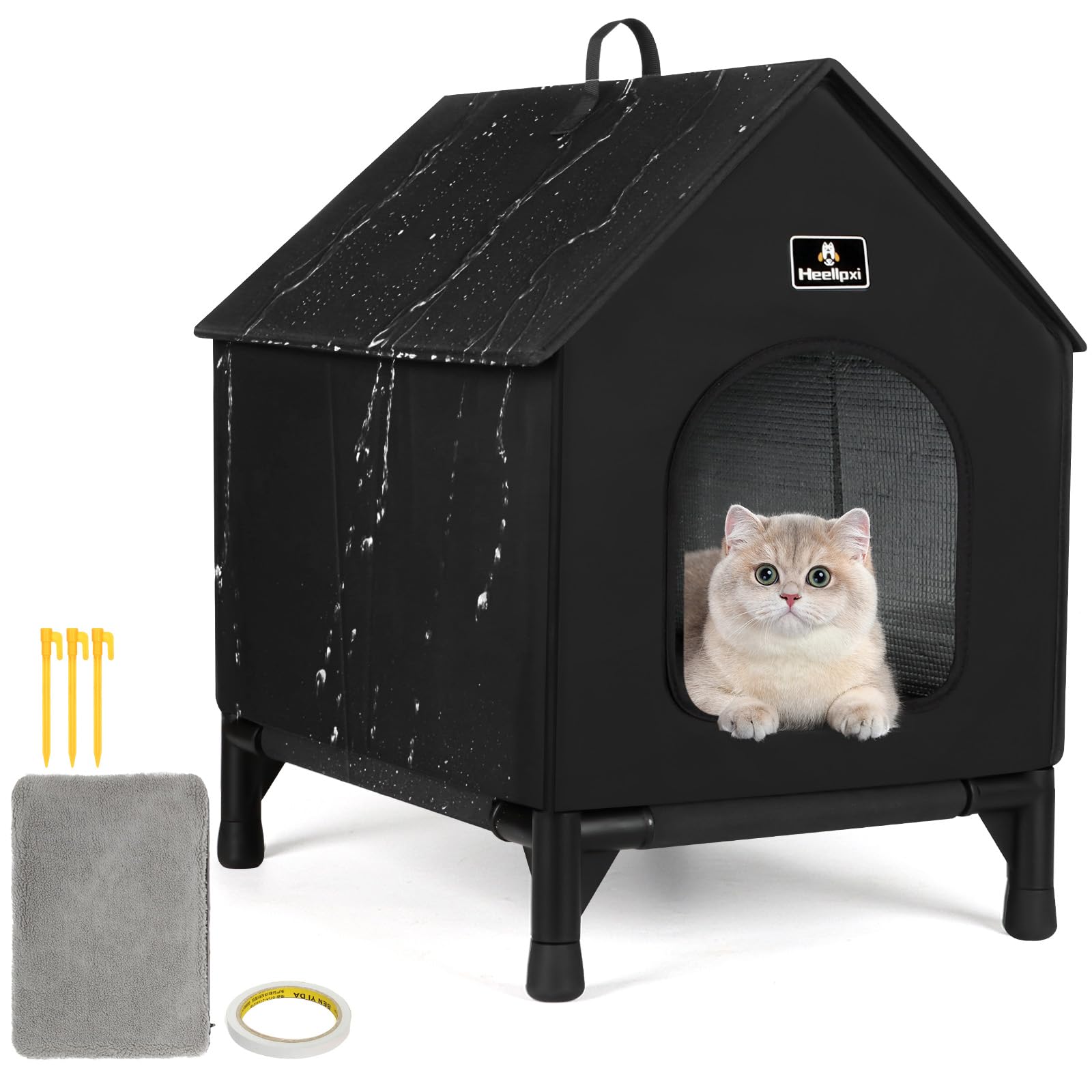 Niche d'extérieur pour chat avec feuilles isolantes, abri d'hiver résistant aux intempéries avec tapis amovible, abri d'hiver intérieur/extérieur