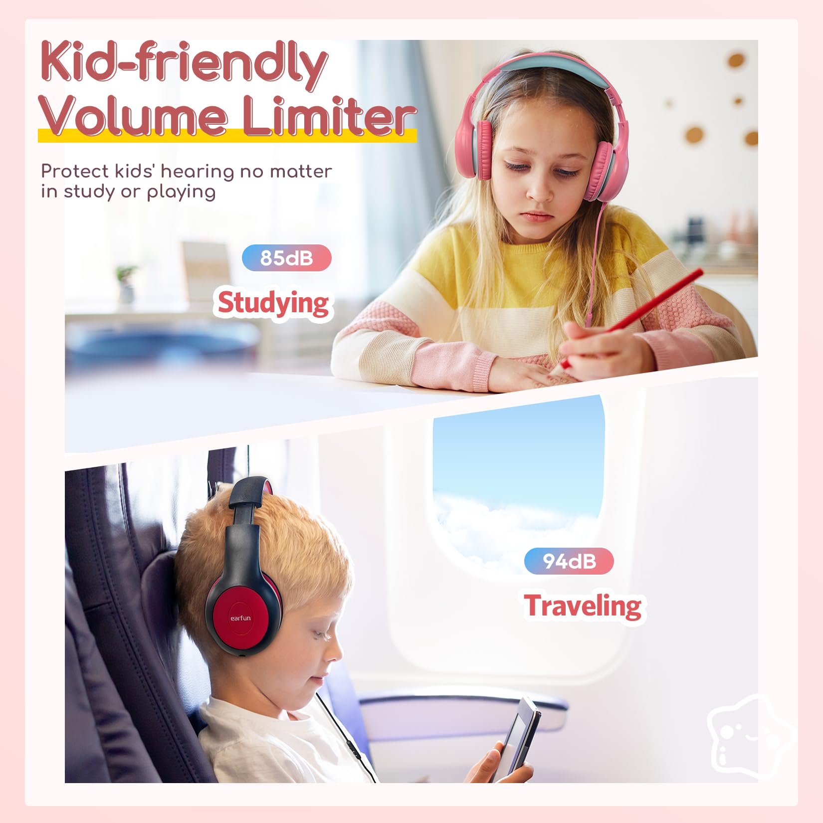 EarFun Kinder Kopfhörer, Kopfhörer Kinder mit Kabel, 85/94dB Lautstärkenbegrenzer, HiFi Klang, faltbar, verstellbar, Mic, Audio-Sharing, Over-Ear Kinderkopfhörer für Schule/Tablet/Reisen, 3er