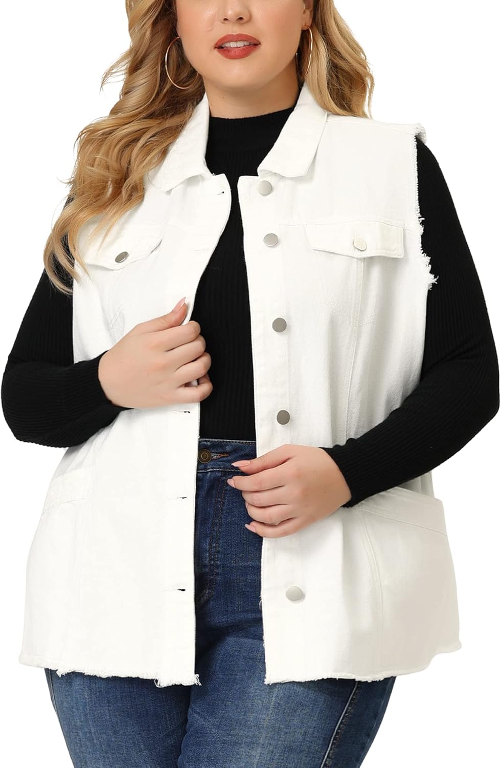 Agnes Orinda Denim Jackets for Women 2025 Plus Size Button Front Lapel Frayed Washed Sleeveless Long Jean Vest