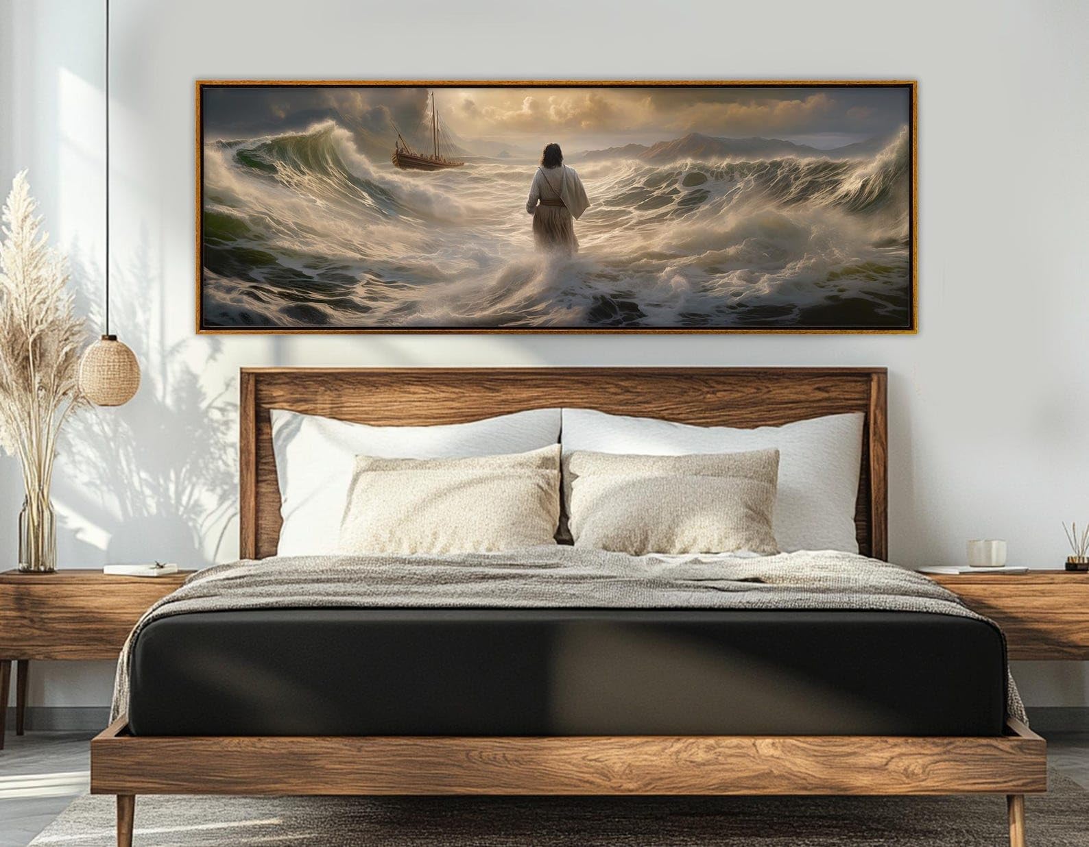 TONGYINLI Cuadro en lienzo de Jesús caminando sobre el agua, pósteres y láminas religiosas, arte mural con escena bíblica, para habitación, decoración del hogar (35 x 105 cm/marco interior).