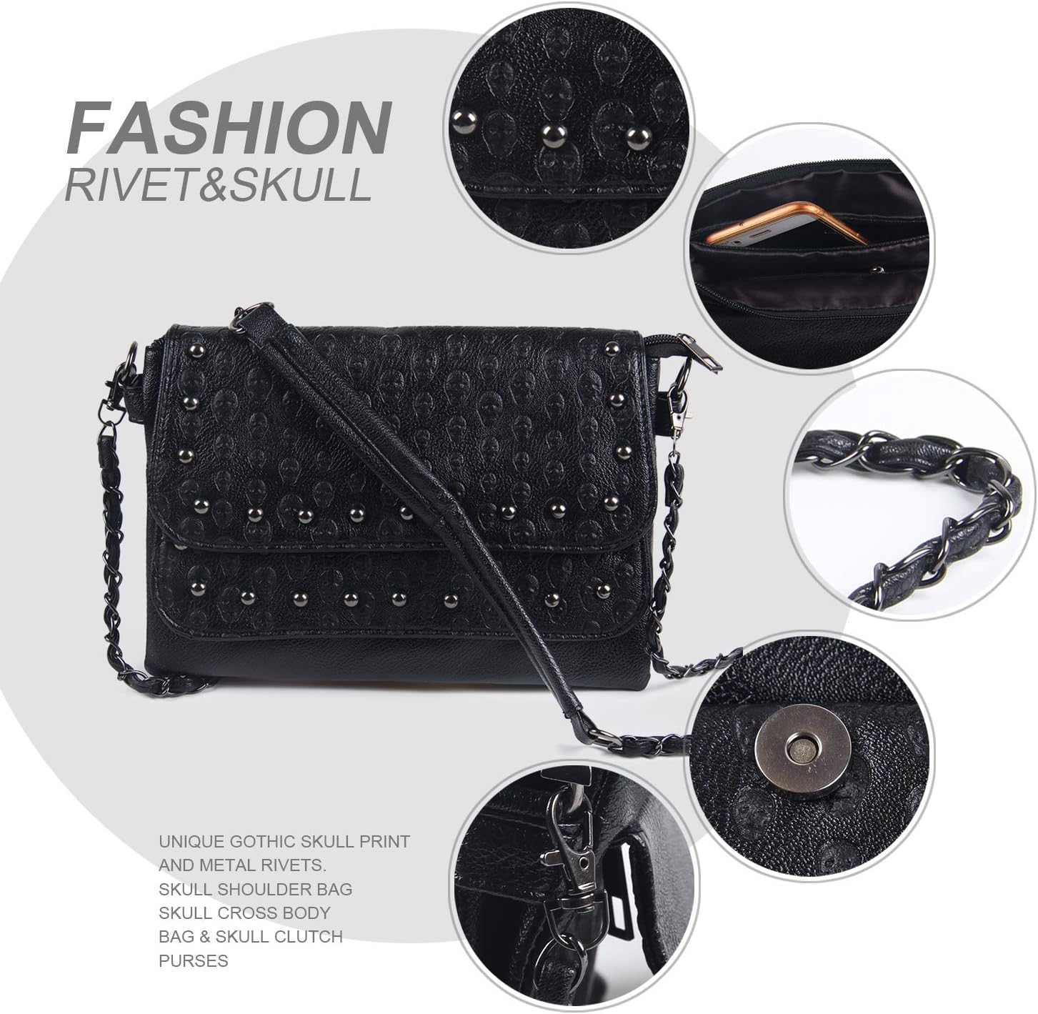 Freie Liebe Women Classic Black Skull Cross Body Bag Vintage Clutch Purse Shoulder Bag - Image 7