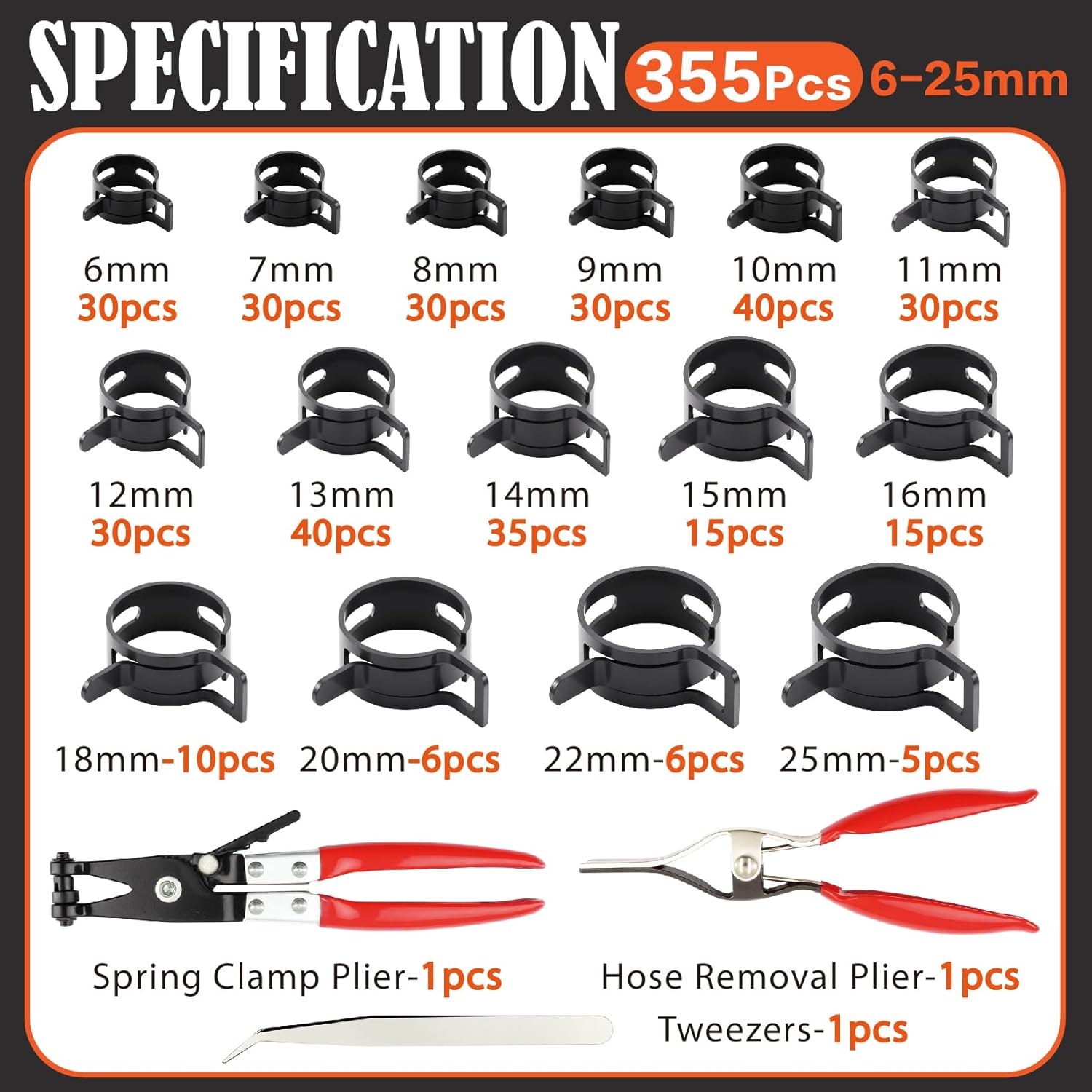 355Pcs 6-25mm Spring Hose Clamps Assortment Kit with Spring Clamp Plier,Hose Removal Plier,for Fuel Line,Vacuum Hoses,Silicone,Air Hose Applications