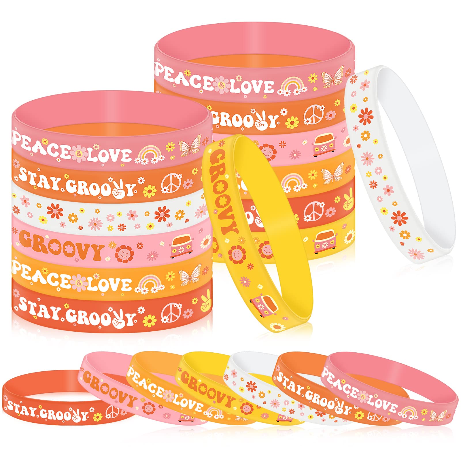 Sasylvia 30 Pcs Groovy Bracelets Hippie Boho Silicone Wristbands Daisy Flower Bracelets Groovy Party Favors for Kids 70s Hippie Boho Birthday Party