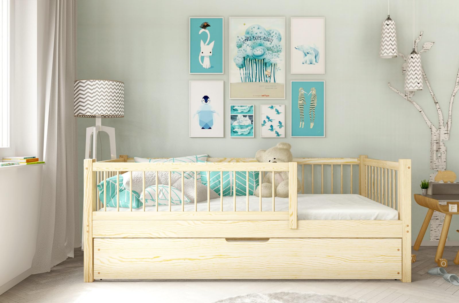 Cama Infantil con Barandilla y Cajón - Cama Infantil Individual con Espacio de Almacenamiento - Estructura de Madera Finamente Lijada - Color Natural - Sin Colchón - 80x160 cm