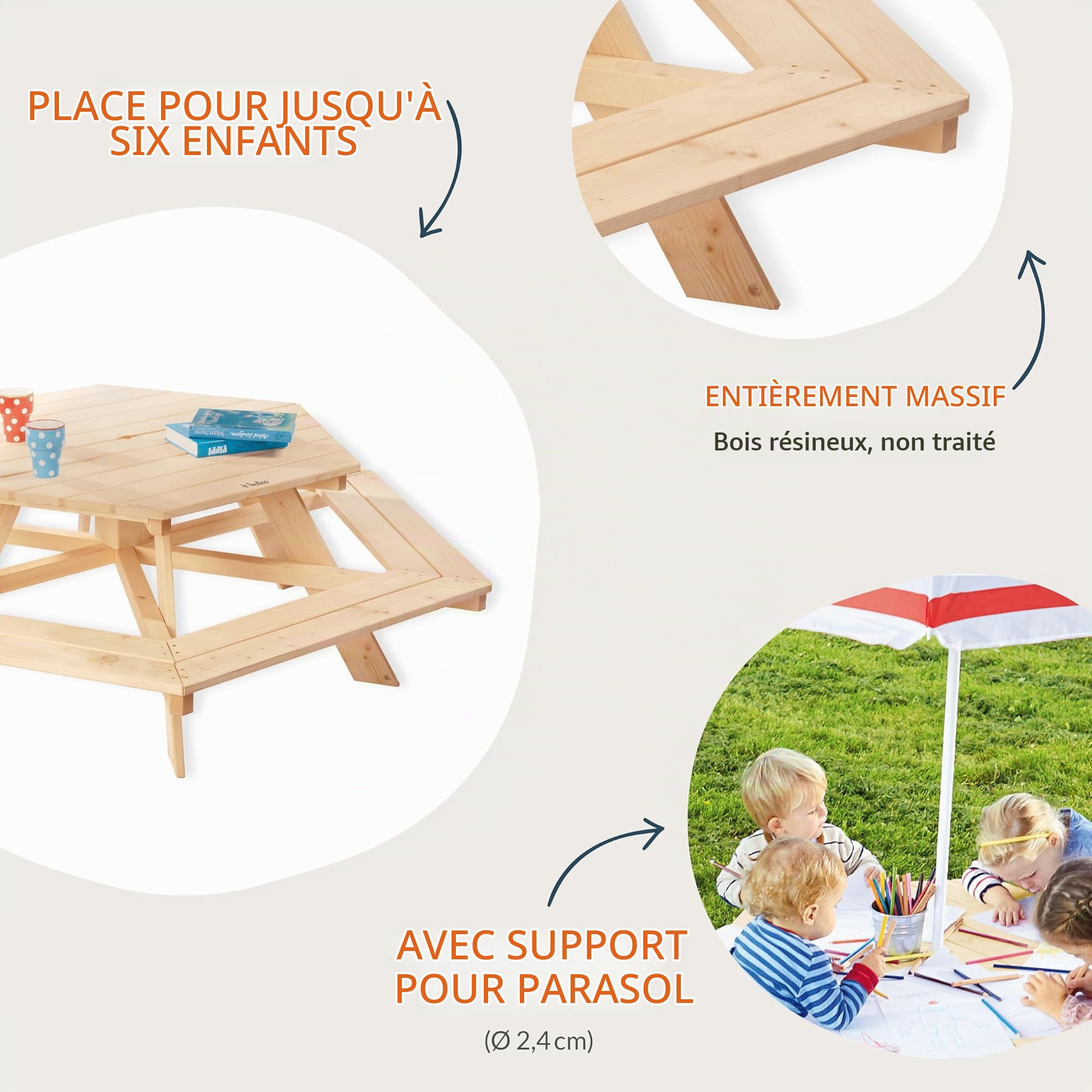 Pinolino Pique-Nique-Table - Nicki - Bois - Hexagonale, Naturel
