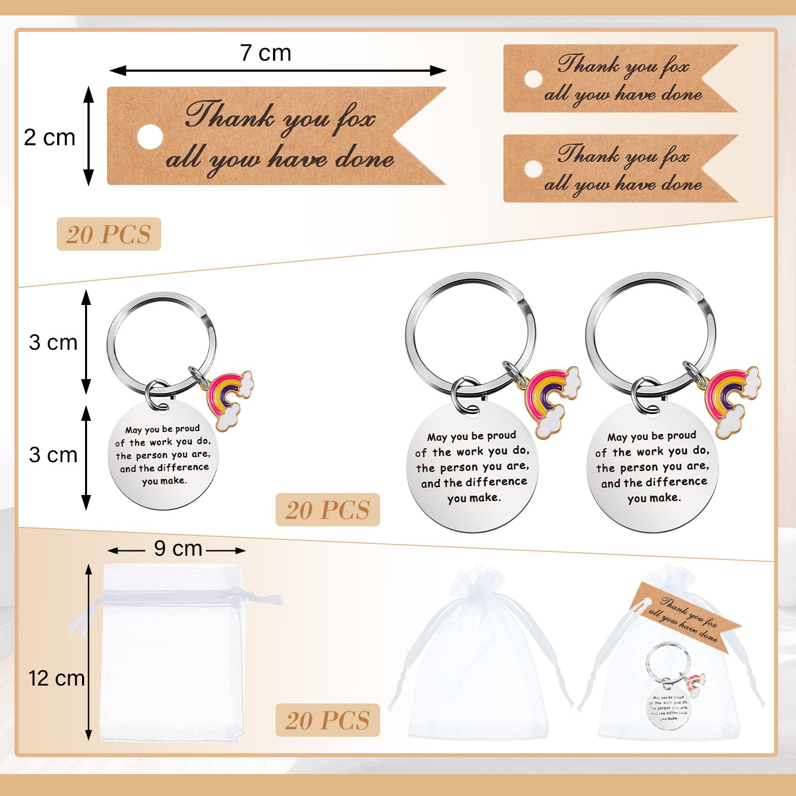 Otuuz 60 Pcs Employee Appreciation Gifts Thank You Gifts Rainbow Inspirational Keychain White Organza Bags Thank You Cards Friendship Employee Keyring Coworker Leaving Presents Bulk for Colleague - Image 2