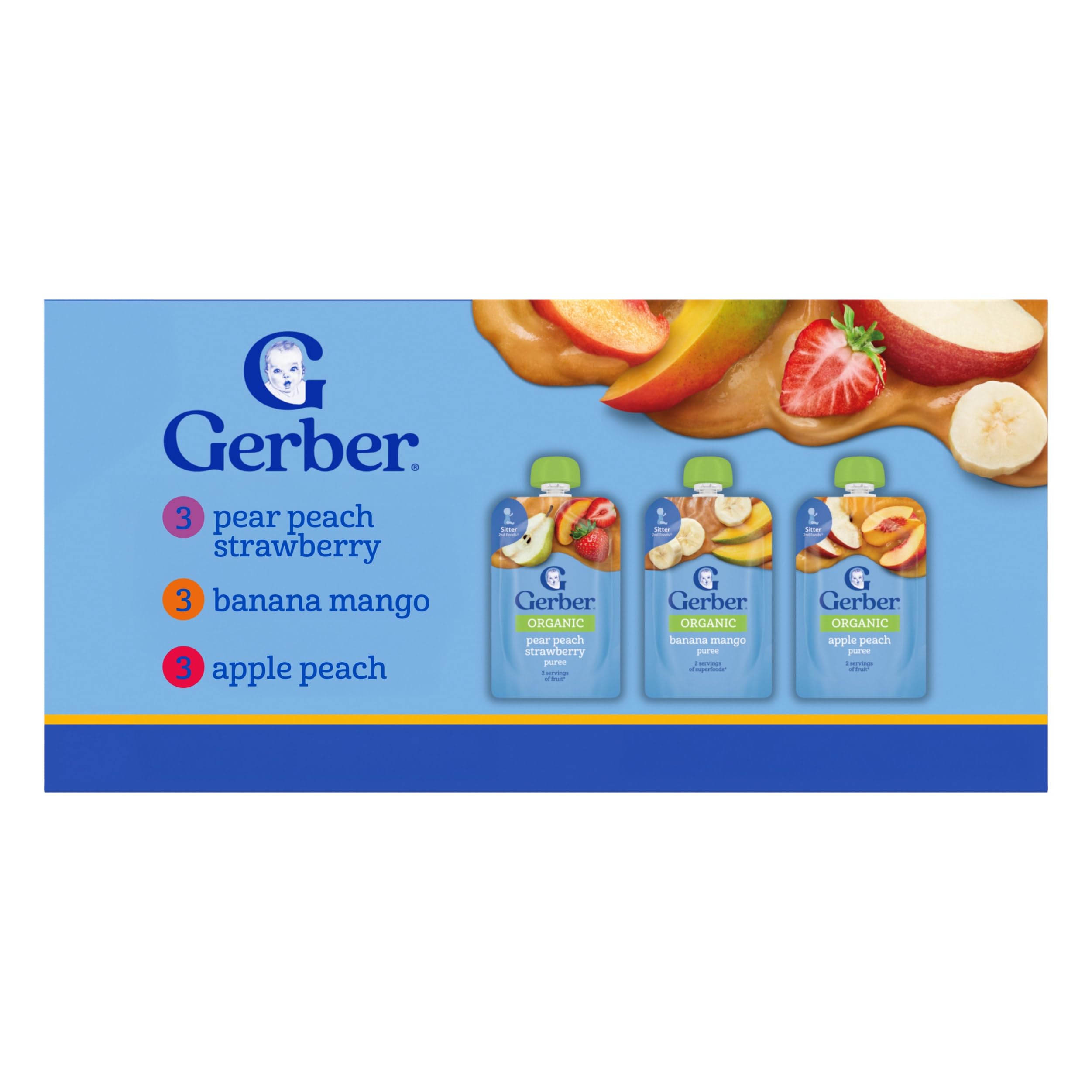 Gerber Stage 2 Baby Food, Organic Fruit Favorites Puree Pouches Variety Pack, No Added Sweetener, Baby Food Pouches, 9-Pack