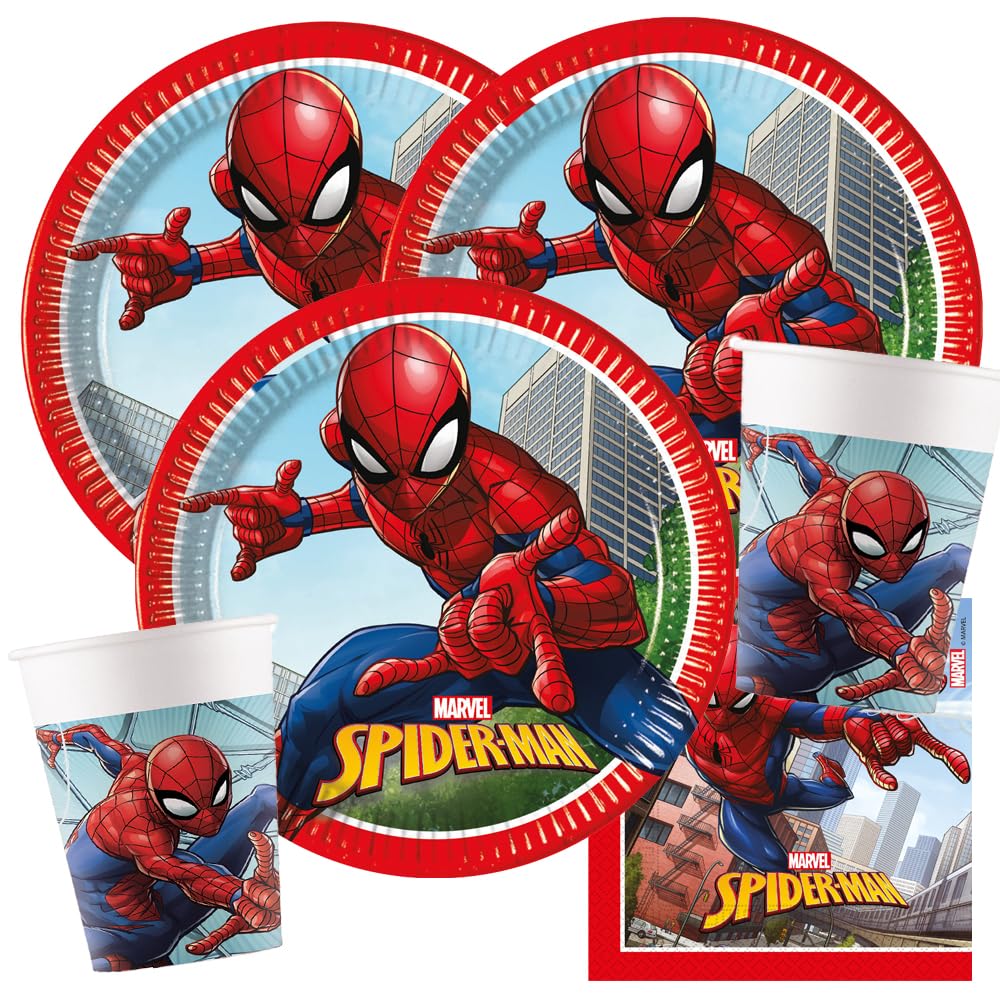 Procos Set di decorazioni per feste Spiderman, 36 pezzi, piatti di carta, bicchieri di carta, tovaglioli per la festa di compleanno dei bambini