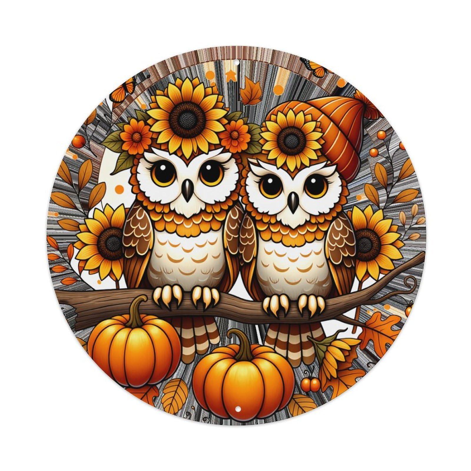 Autumn Owls Sunflowers Pumpkins Leaves Round Tin Sign Retro Metal Sign for Cafe Bar Pub Home Game Room Gym Club Wall Decoration Vintage Metal Poster 8x8 Inch