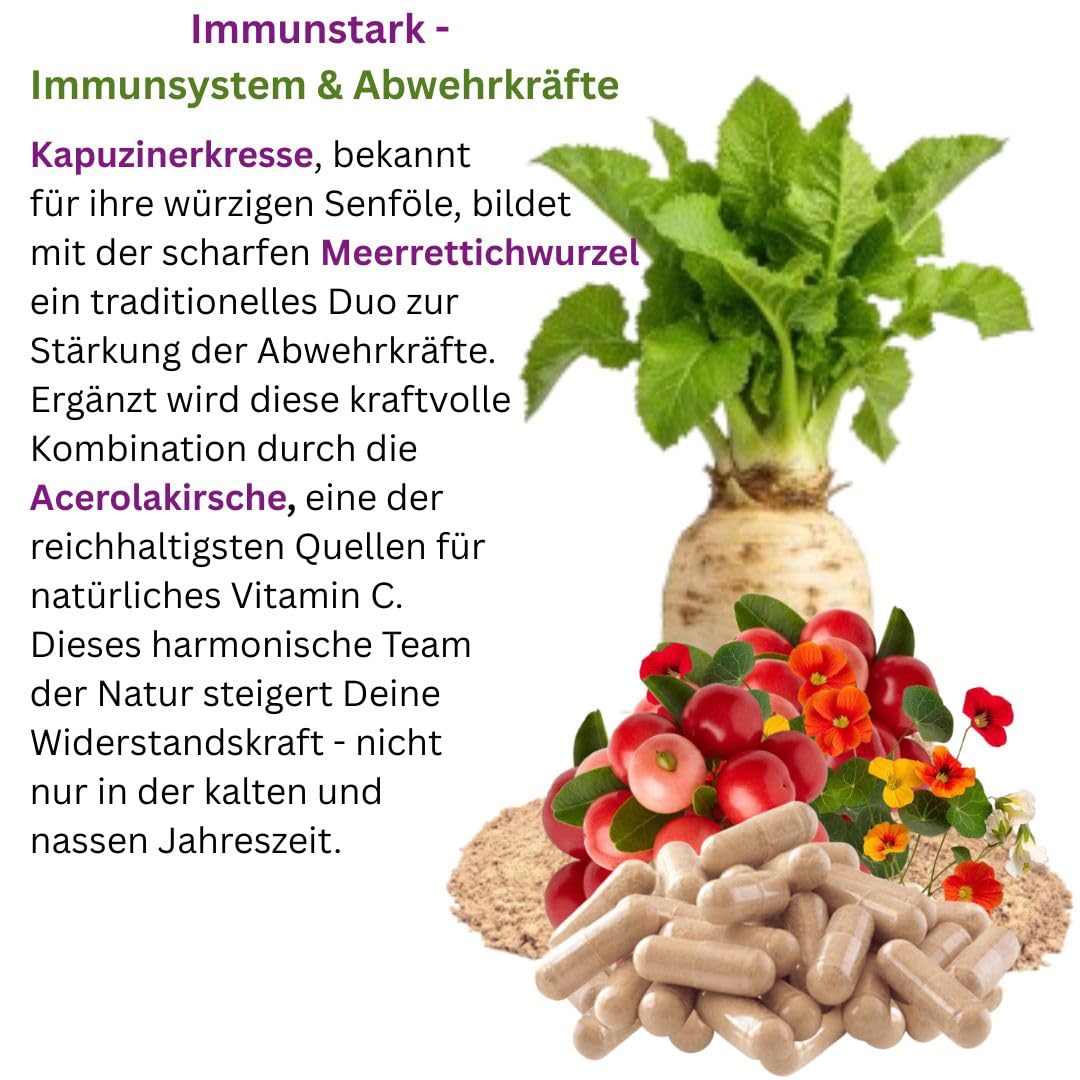 Immunstark - Immunsystem & Abwehrkräfte stärken 360 (3x120) Kapseln Immun-Trio mit Kapuzinerkresse, Meerrettich, Acerola (natürliches Vitamin-C). 100% NATUR pur. OHNE Zusatzstoffe. 26665-3