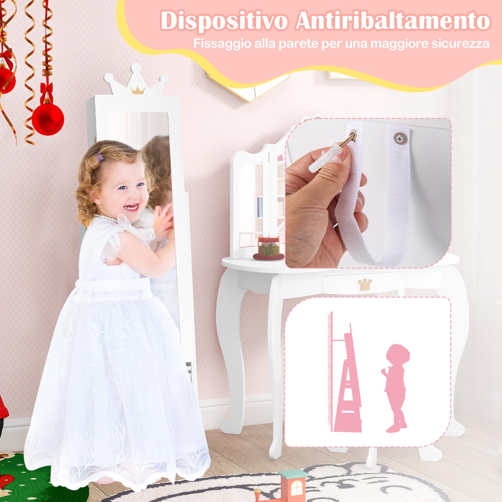 COSTWAY Specchio Portagioie da Terra a Figura Intera con Ruote Bloccabili | Armadietto Portagioielli Girevole Specchiera da Camera da Letto per Bambini 3+ Anni