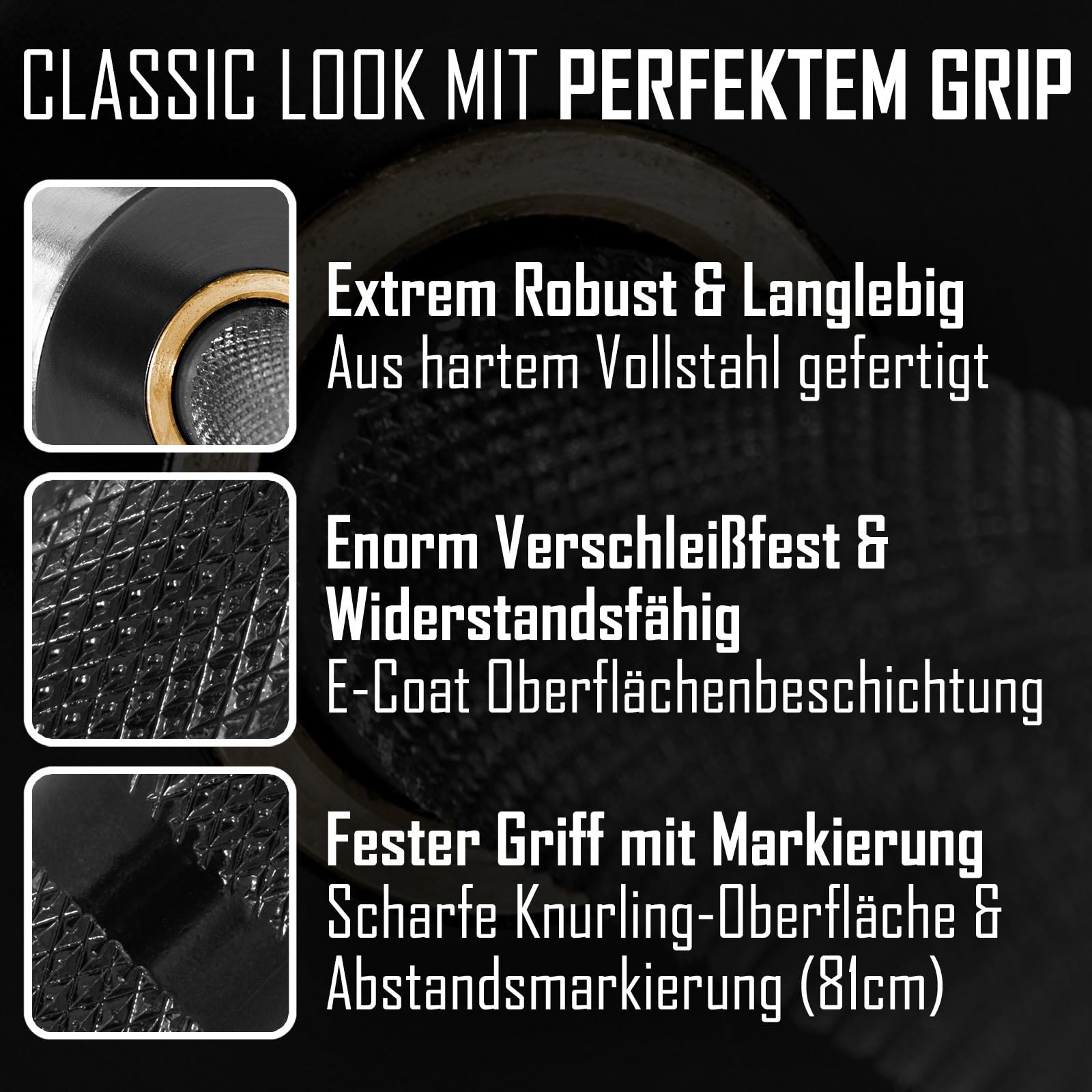 Strength Shop Olympia Langhantel 20kg, 220cm Länge & 28mm ⌀, Stahl Langhantelstange 50mm Scheibenaufnahme mit E-Coat Beschichtung & scharfer Rändelung, perfekt für dein Homegym