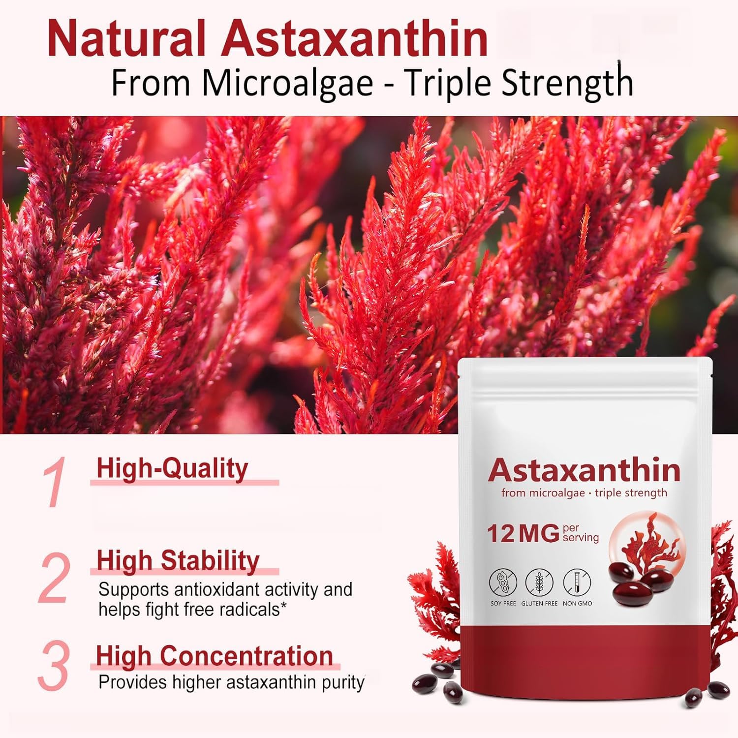 Astaxantina Premium, Supporto Antiossidante per la Salute di Occhi, Pelle, Articolazioni e Circolazione, Senza OGM & Senza Glutine