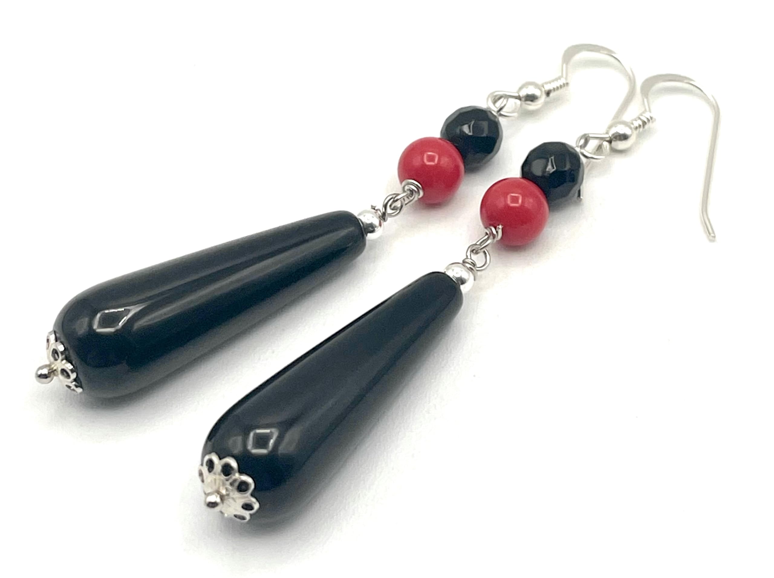 Orecchini in Onice Nero e Corallo Rosso, Pendenti Lunghi in Argento 925, Gioielli Pietre Dure, Bijoux Artigianali, Regalo per Lei