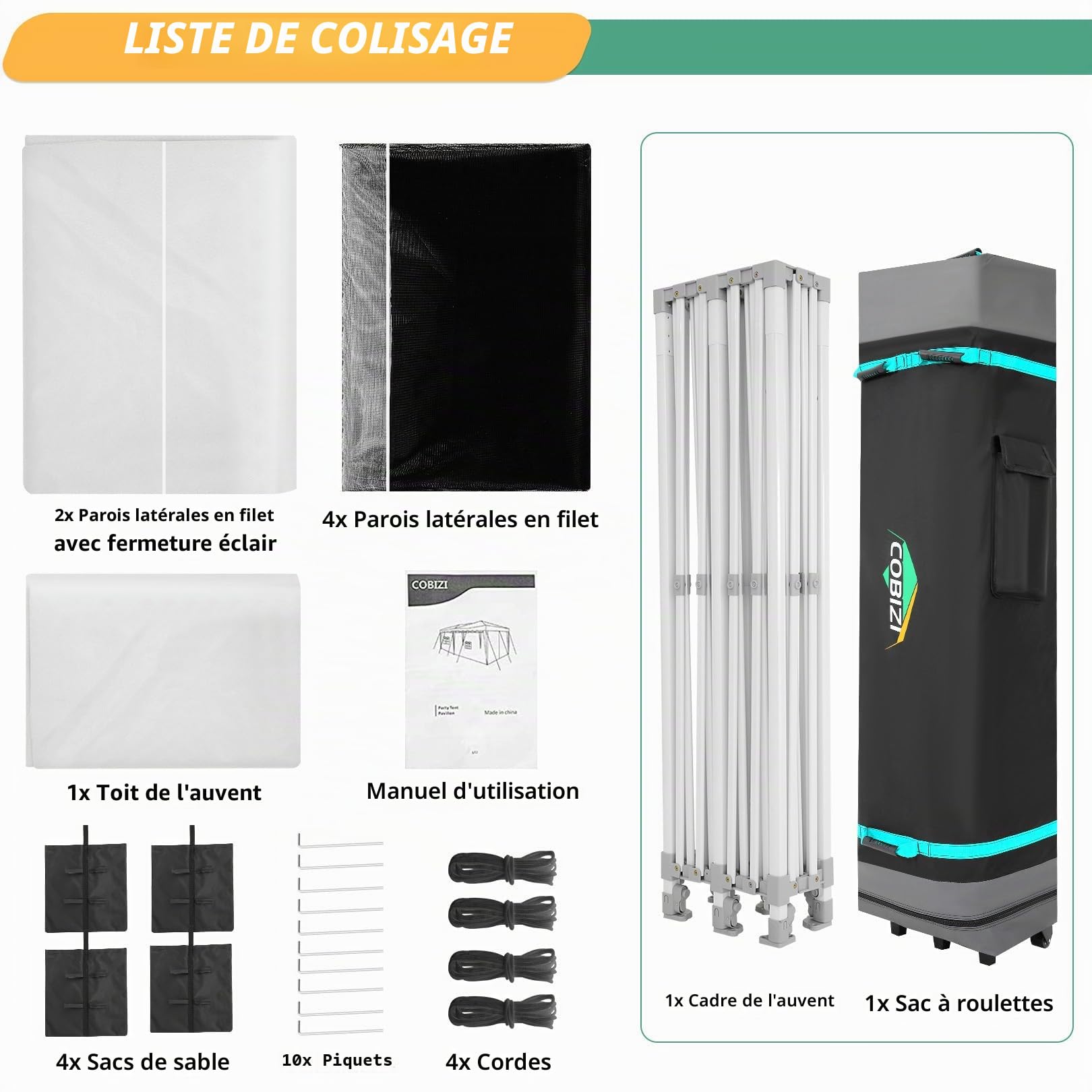 COBIZI Tente d'auvent de 25,4 x 50,8 cm avec 6 parois latérales, auvent escamotable Robuste avec moustiquaire, Tente moustiquaire pour fêtes, Mariages, extérieur, terrasse avec Sac à roulettes, Blanc