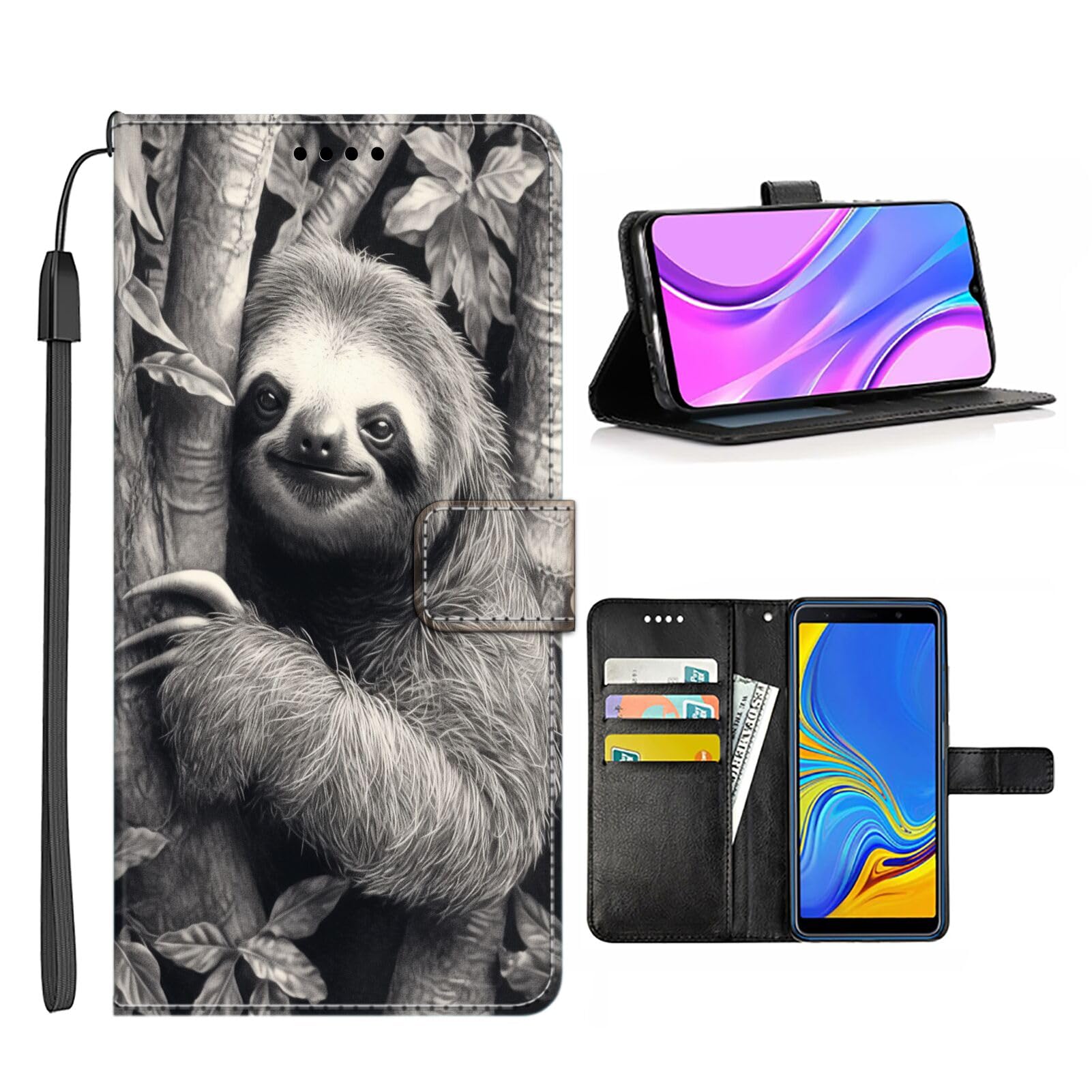 Wallet Phone Case for iPhone 14 Pro Max PU Leather Card Holder Sloth-aa49 Pattern Design with Kickstand Flip Cover and Wrist Strap Multicolor