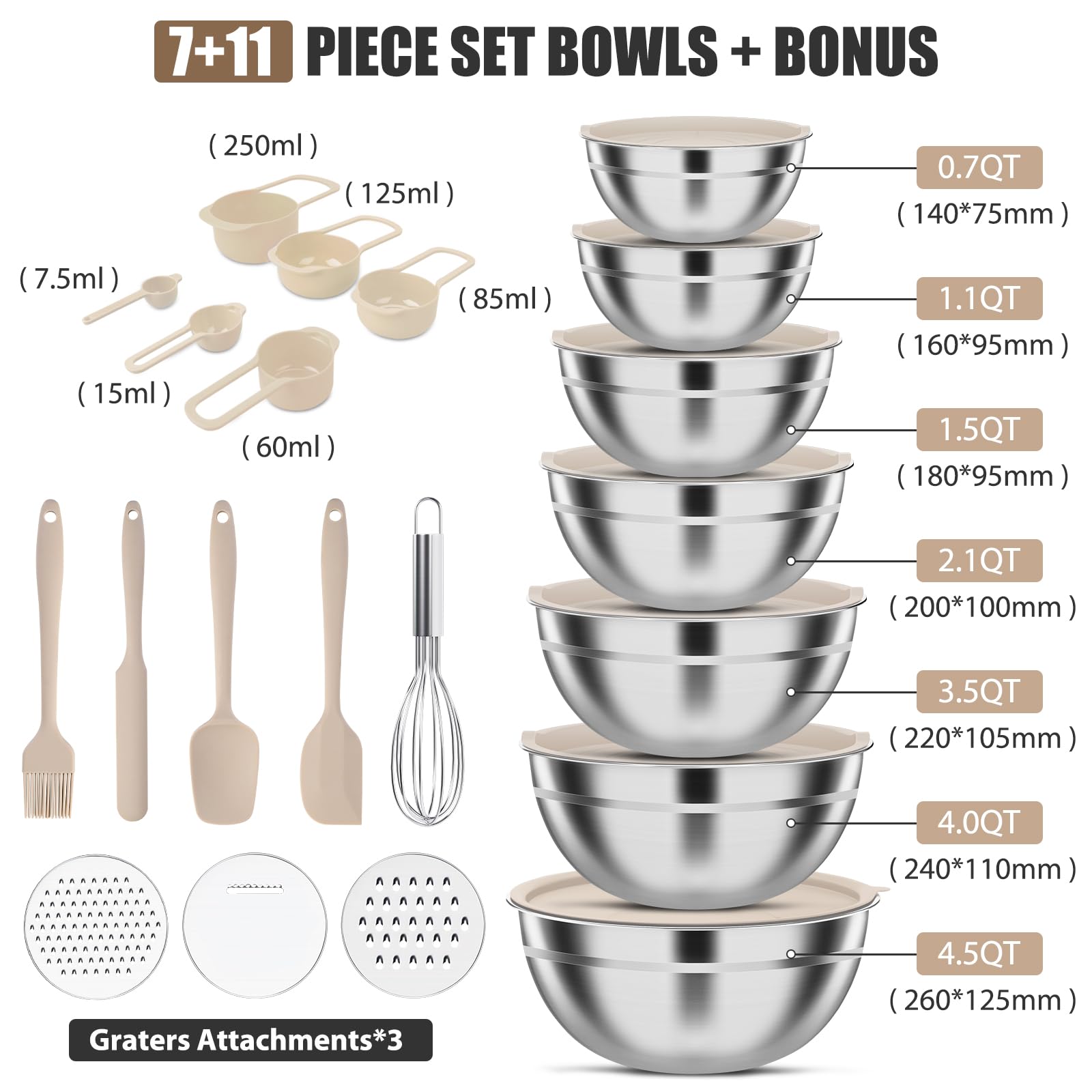 ENVTEK 7-teiliges Rührschüssel-Set aus Edelstahl mit Deckel und 3 Reibeaufsätzen - Größe 4,5, 4, 3,5, 2,1, 1,5, 1,1, 0,7QT, Küchenhelfer-Set zum Kochen, Backen und Servieren, Khaki
