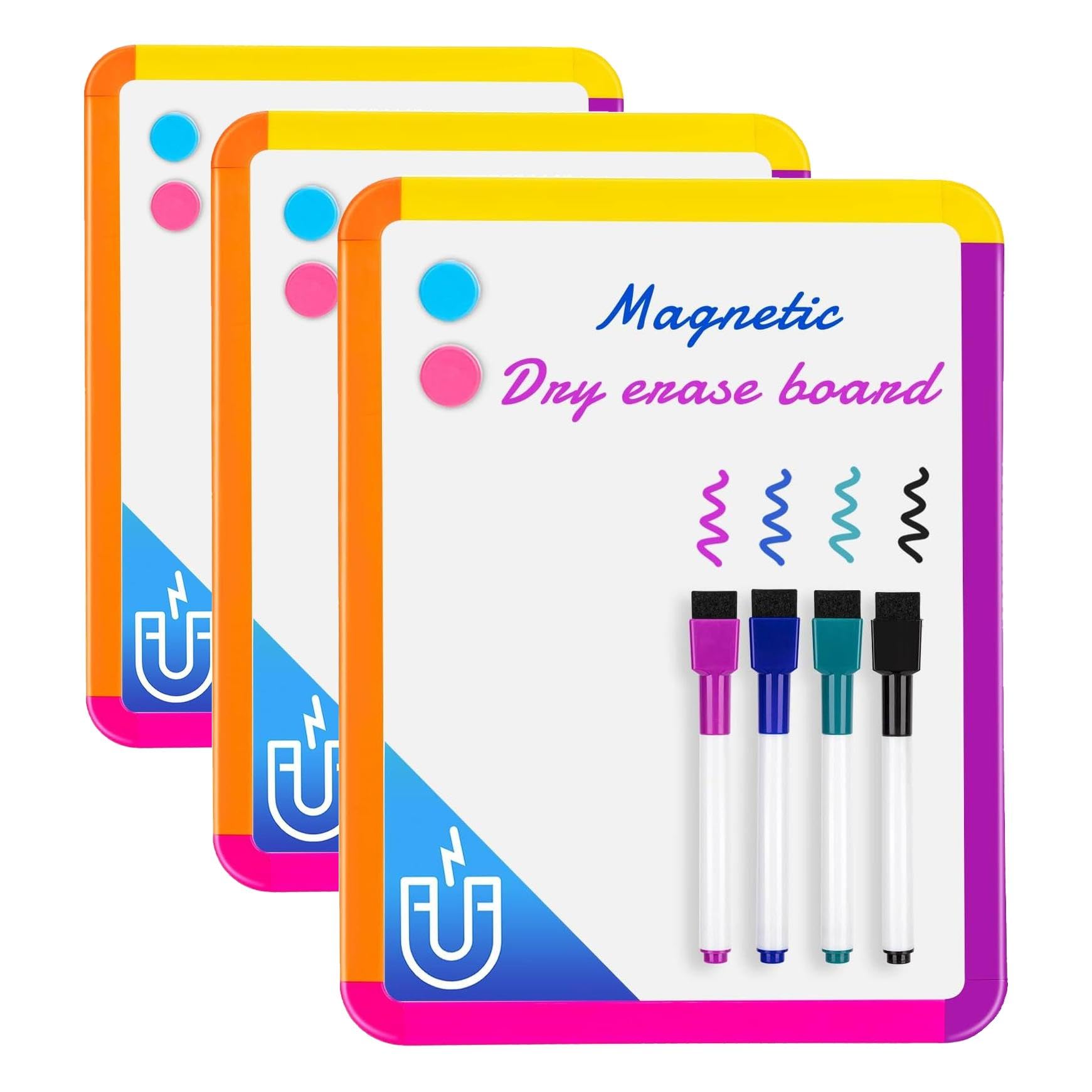 VUSIGN Small White Board Dry Erase, 8.5''x11'' Magnetic Dry Erase Board, Mini Whiteboard with Markers for Fridge, Wall, Locker, Colorful Frame (Pack of 3)