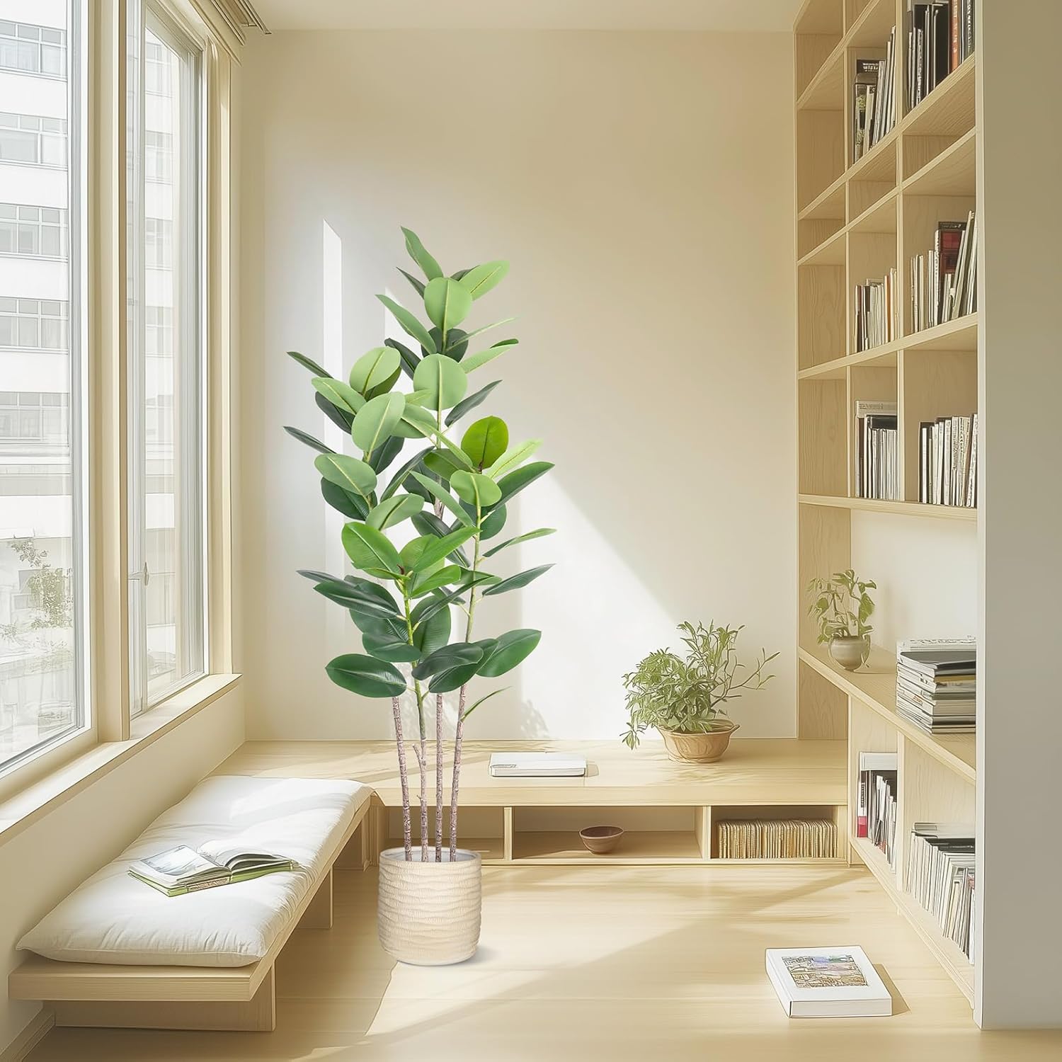 Artificial Rubber Tree 5FT Tall Faux Ficus Tree with Potted Fake Tropical Plant Decorative House Plants Large Floor Plants Artificial Trees for Home