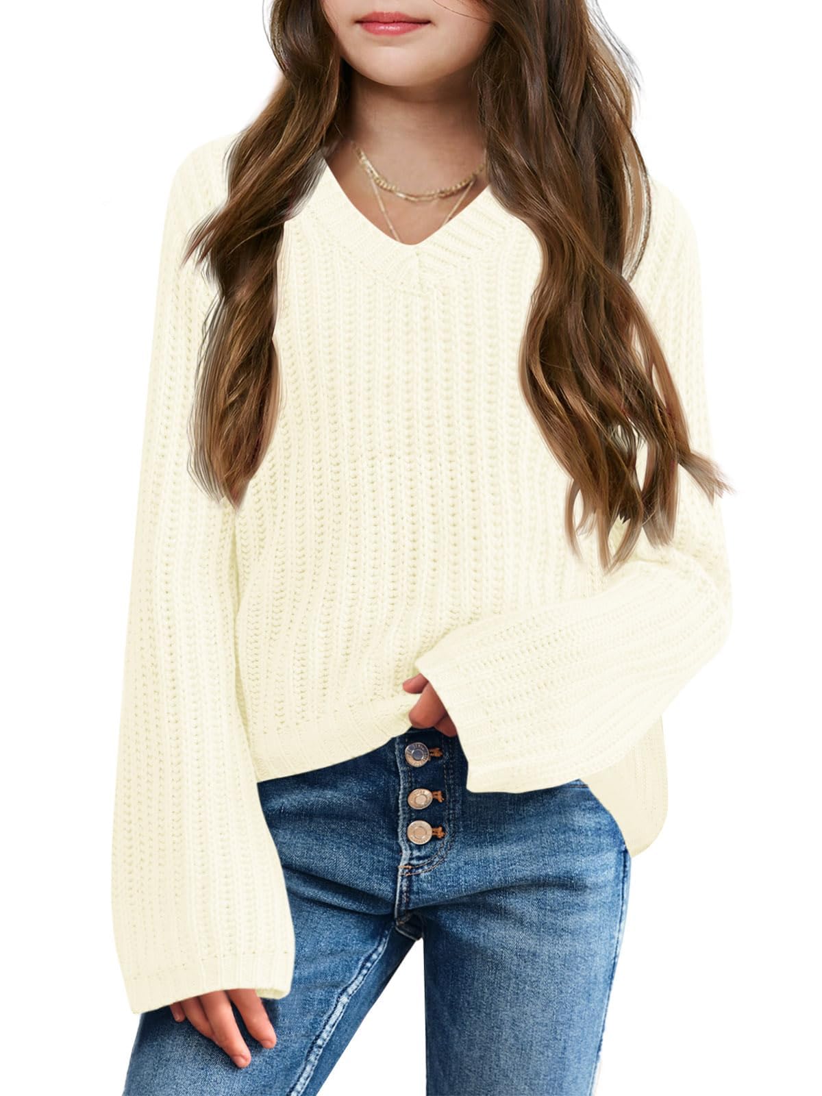 Haloumoning Maglione da Ragazza, con Scollo a V, Leggero, per Bambini, in Tinta Unita, a Maniche Lunghe, Lavorato a Maglia