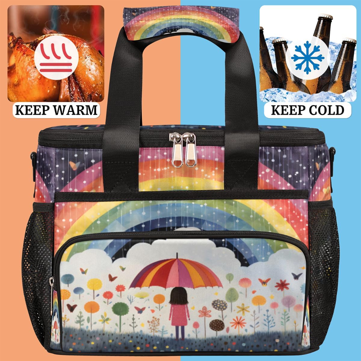 Rainbow Insulated Picnic Backpack Lunch Box for Women Men Picnic Basket Tote Lunch Bag Picnic Bag Portable Lunch Bags for Picnic, Beach, Work, Trip,Office, Camp Women and Flowers