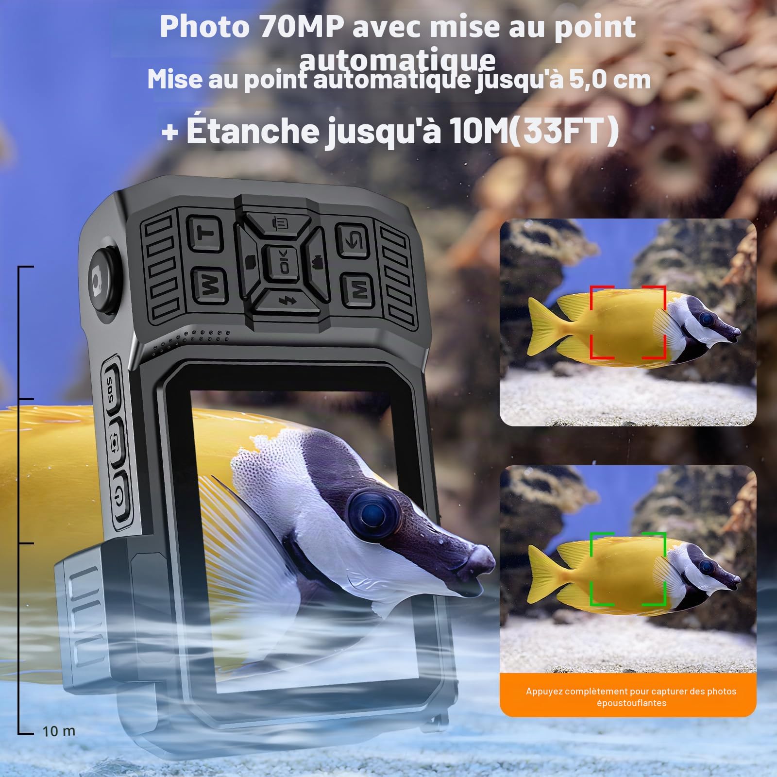 Appareil photo numérique 8K UHD 70 MP WiFi avec carte de 64 Go robuste, étanche, résistant à la poussière, aux chocs, caméra sous-marine de 10 m, double écran pour selfie, autofocus et prise de vue