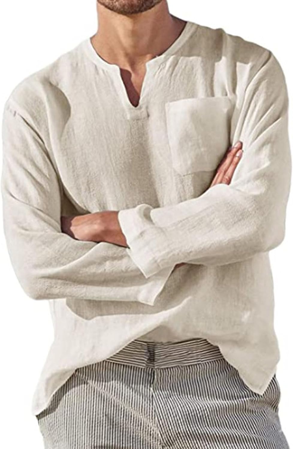 Men's Cotton Linen V-Neck Shirt Casual Long Sleeve Beach Shirt Lightweight Solid Color Tops with Pockets