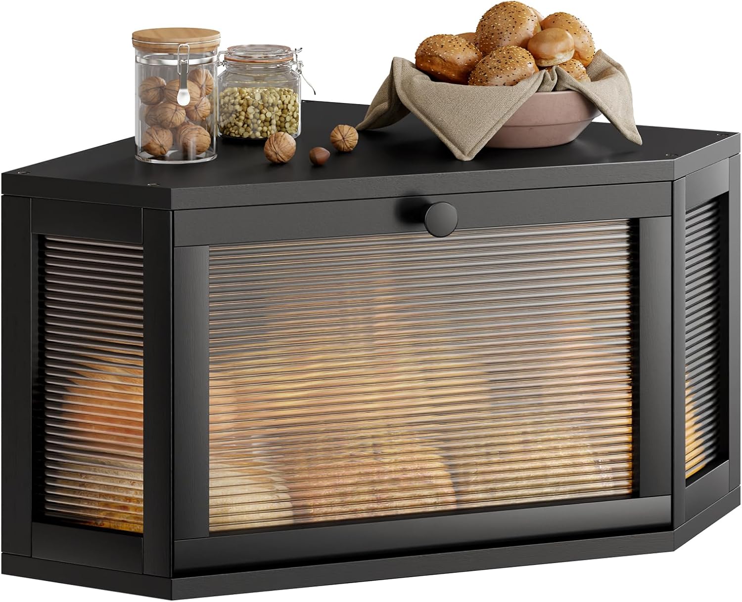 WOWLIVE Corner Bread Box for Kitchen Countertop, Bamboo Bread Storage Container, Large Farmhouse Bread Holder with Acrylic Wavy Door Panel, Multi-functional Container, Black