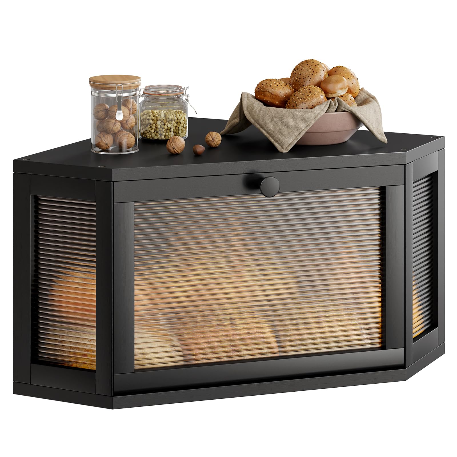 WOWLIVE Corner Bread Box, Bamboo Bread Storage with Acrylic Wavy Door