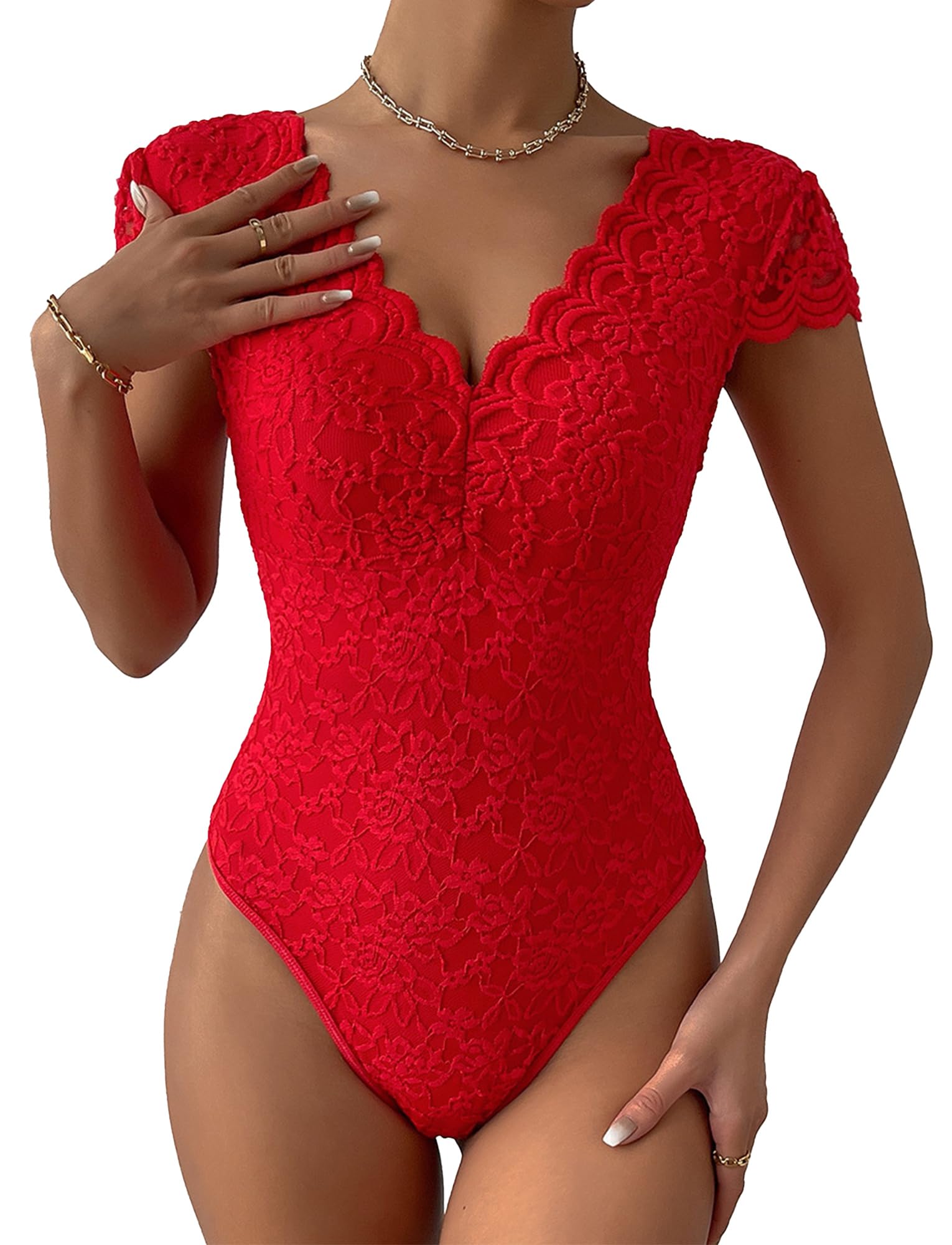 Femme Body en Dentelle Haut Sexy Moulante Top Manche Courte Transparent Tenue Slim Fit Col en V Chic et Elegant XS-L