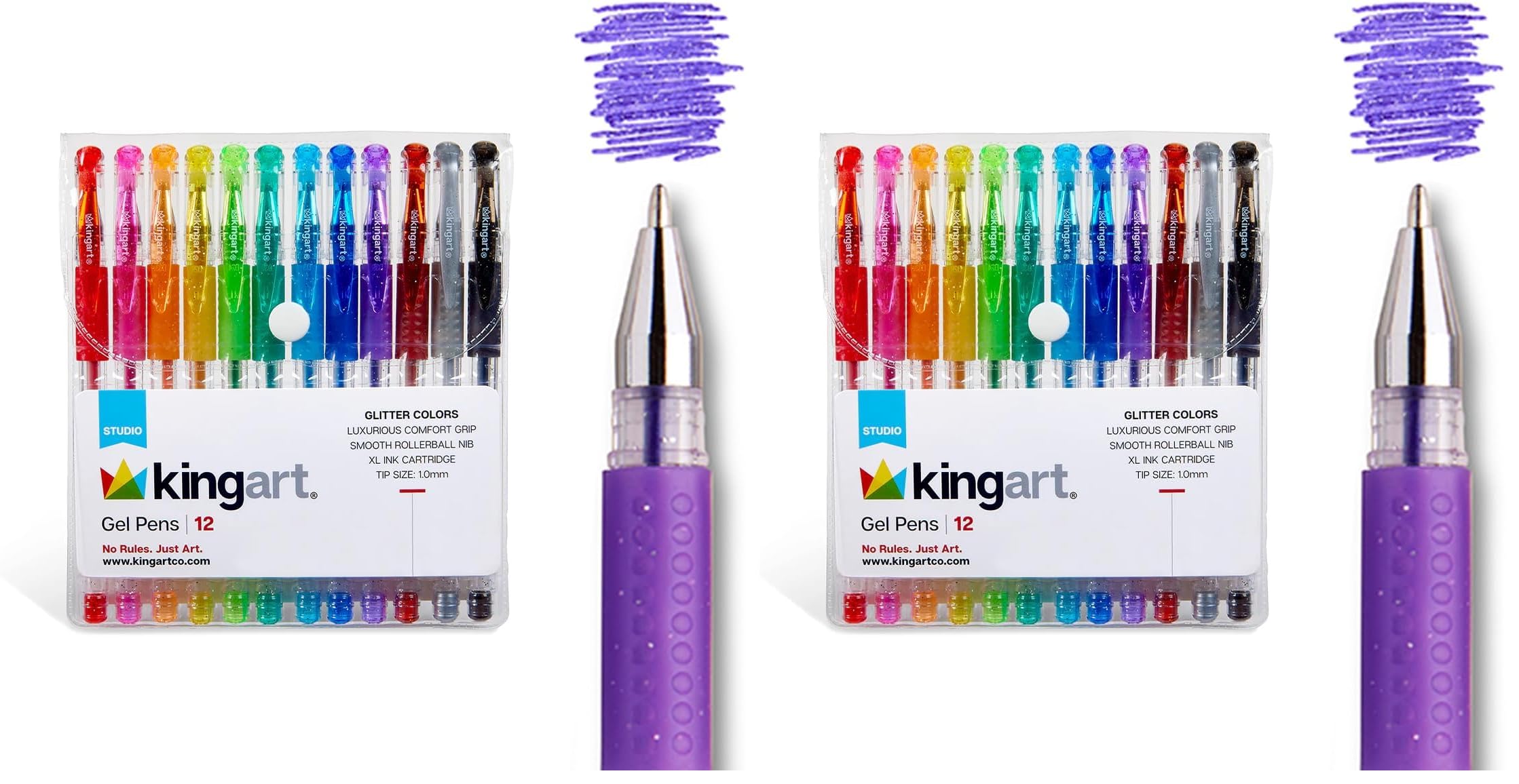KINGART 400-12 Glitter Rollerball Gel Pens, 12 Sparkling Colors with Soft-Grip Comfort, XL Ink Cartridge - More Ink, Great for All Ages, Writing, Coloring, Doodling, Scrapbooking, Journaling &amp; More