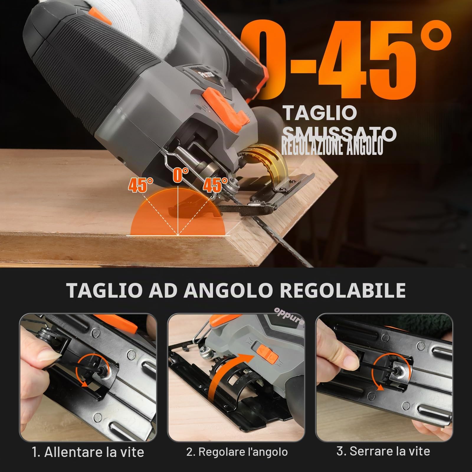 Seghetto alternativo senza fili con 2 batterie da 2000 mAh, angolo di smussatura (0°-45°), cambio lama senza attrezzi, luce LED, sega elettrica orbitale a 4 posizioni per taglio di metalli in