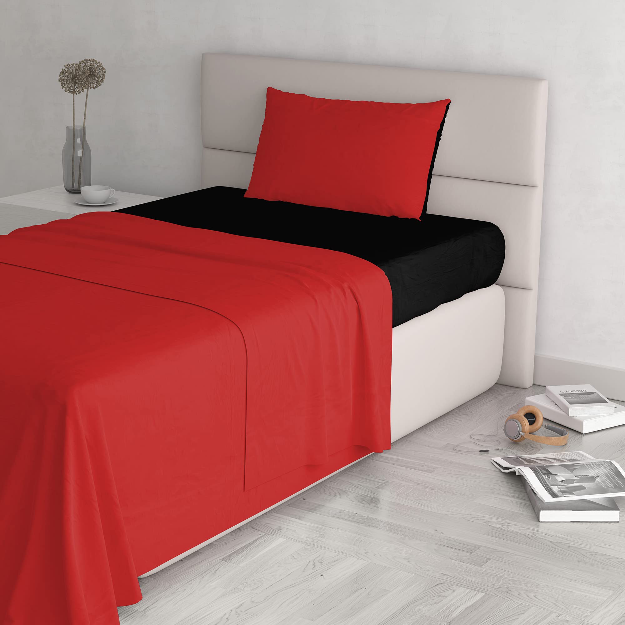 Italian Bed Linen 100% Natural Cotton Bedding Set, Red/Black, Double