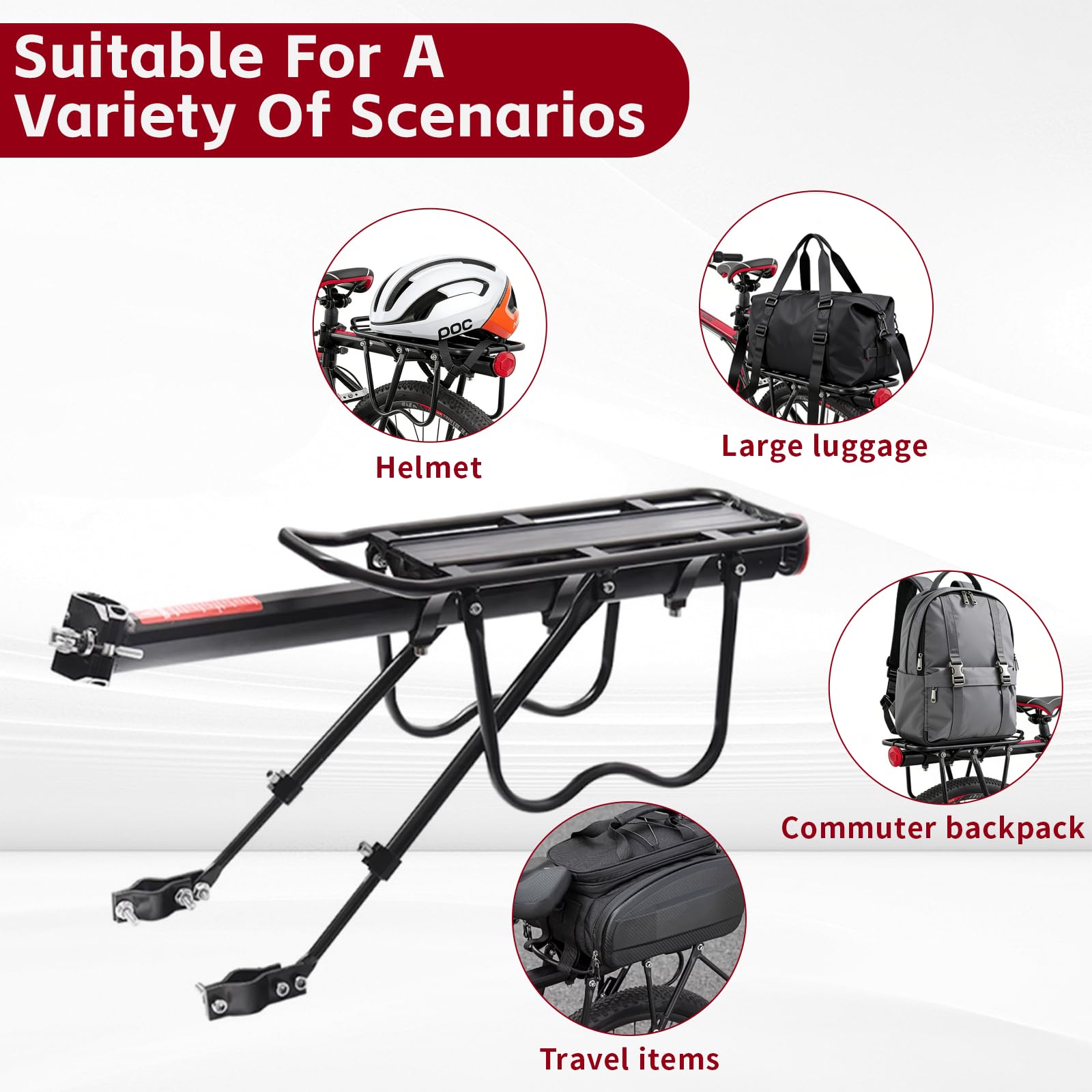 Portapacchi per Mountain Bike, Portapacchi Bici Alluminio Universale Regolabile, Capacità Portata Massima 50 kg, Carrier Rack con Riflettore 24–29 Pollici, Installazione Rapida