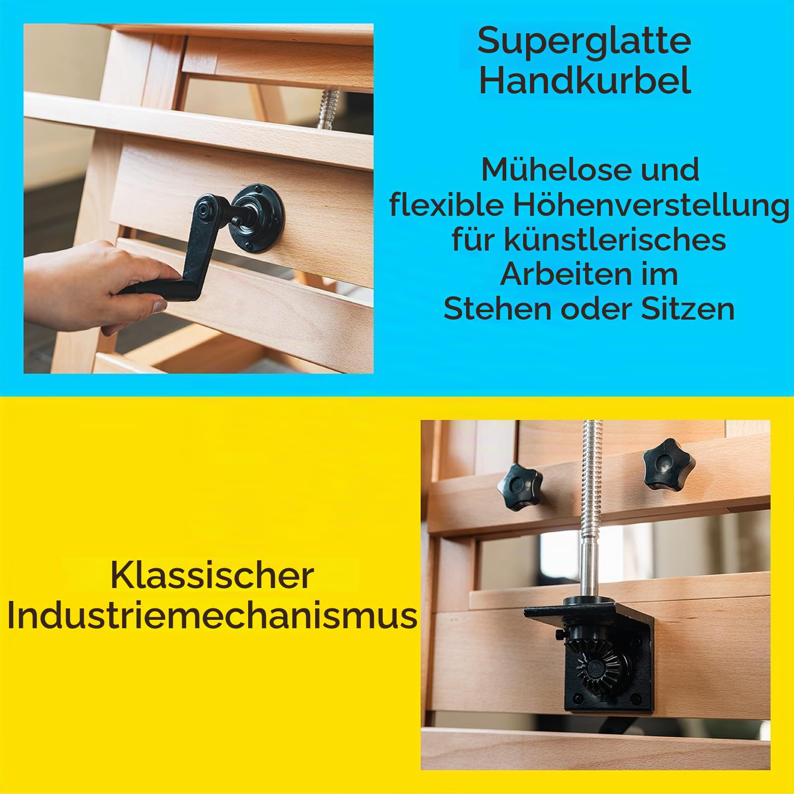MEEDEN Deluxe große Staffelei mit Kurbel: Robuste Künstler-Malstaffelei | Massives Buchenholz mit verstellbarer Höhe - Bewegliche & Neigbare Flache H-Rahmen-Staffelei hält Kunstleinwand bis zu 195cm