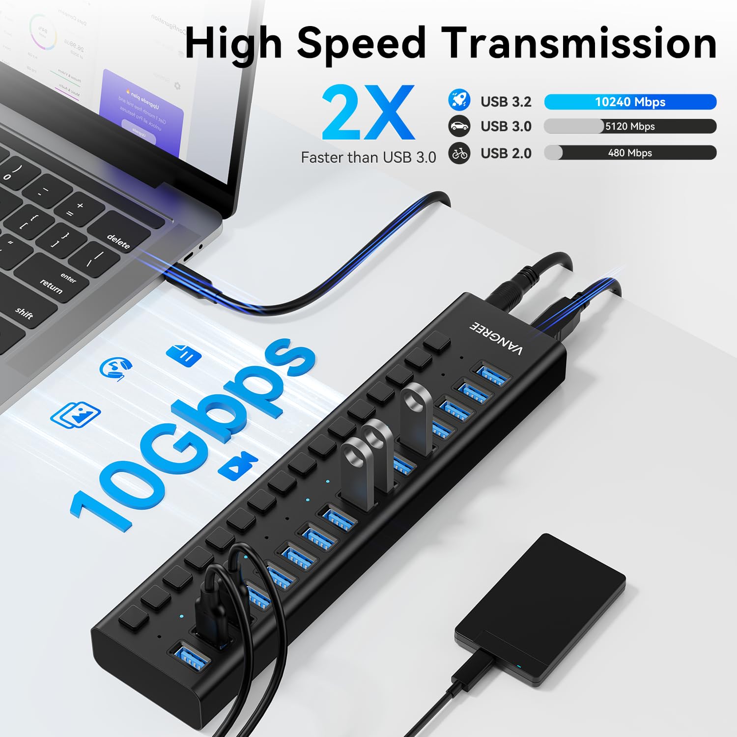 Hub USB 10 Gb/s, 16 portów 96 W, koncentrator USB 3.2, indywidualne przełączniki on/off, adapter zasilania 12 V/8 A, rozdzielacz USB 3.2 do laptopa, komputera, przenośnego dysku twardego, dysku Flash