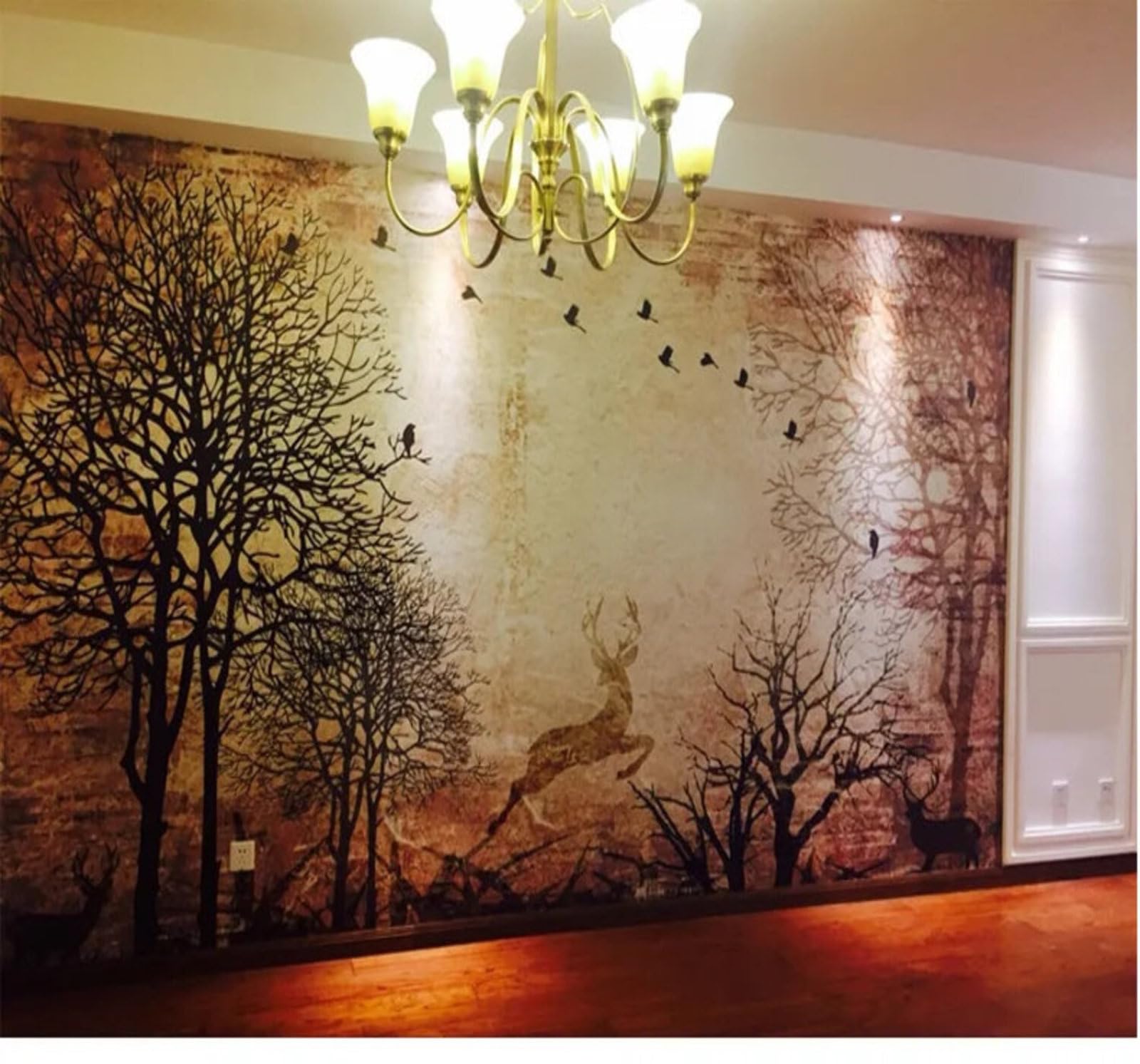 Tzxztt Retro Hand Drawn Forest Reindeer Birds Modern 3D Wallpaper Premium Textured Silk Neutral Tones Material Ideal for Living Room Bedroom-300cm×210cm