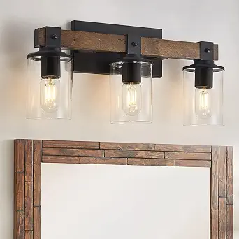 3 Light Bathroom Vanity Light Fixtures, Farmhouse Bathroom Vanity Lights Over Mirror, Wood Rustic Vanity Lights for Bathroom, Kitchen, Industrial Wall Light Fixtures with Clear Glass Shade
