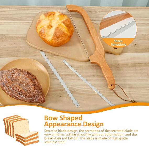 Bread Bow Saw Knife with 2 Extra Stainless Steel Serrated Blades Ergonomic Wood Handle Bread Bow Knife Multipurpose Bread Saw Slicer for Homemade Bread Bagels Baguettes and More xiangbaoshang