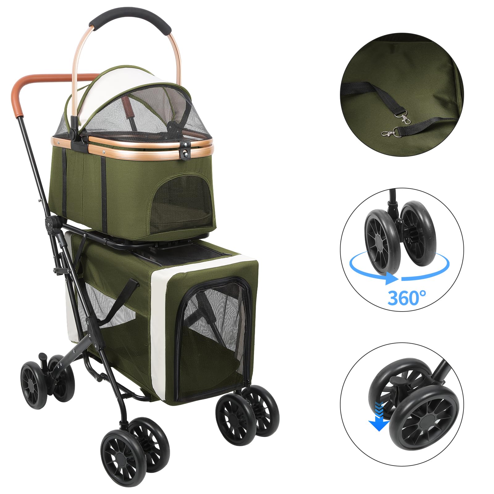 OHMG Poussette Double pour Chien, Pliable Poussette pour 2 Animaux Jusqu'à 16 kg, Transporteur pour Chats avec Coussins et Porte-gobelet, sac de Transport pour Cage pour Chien, 4 PCS Roues