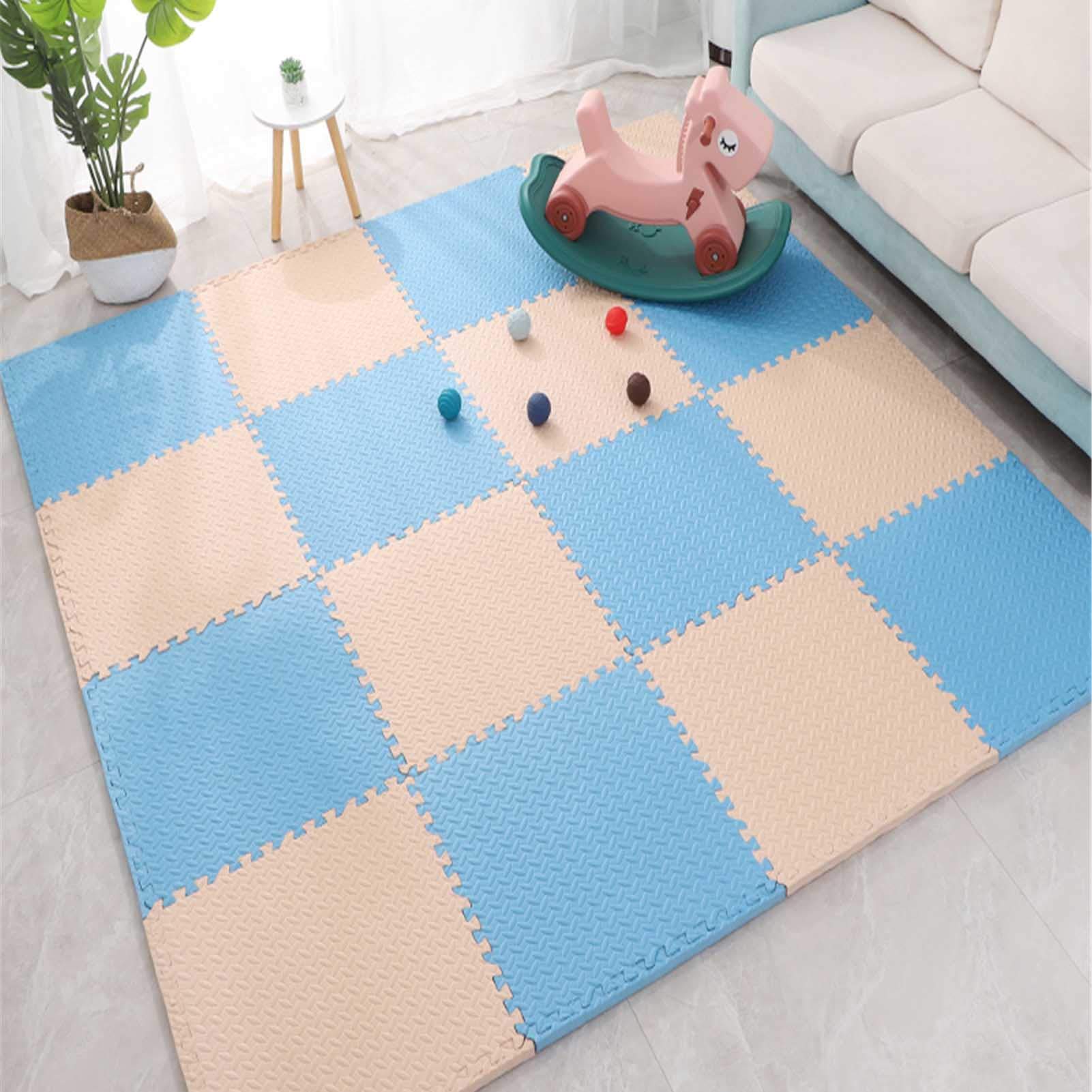 Tappetino Puzzle Bambino, Tappetino Gioco Puzzle Ad Incastro in Schiuma Morbida con Bordi Adatto per Area Giochi per Bambini Camera da Letto Soggiorno Palestra,Beige+Blue,12
