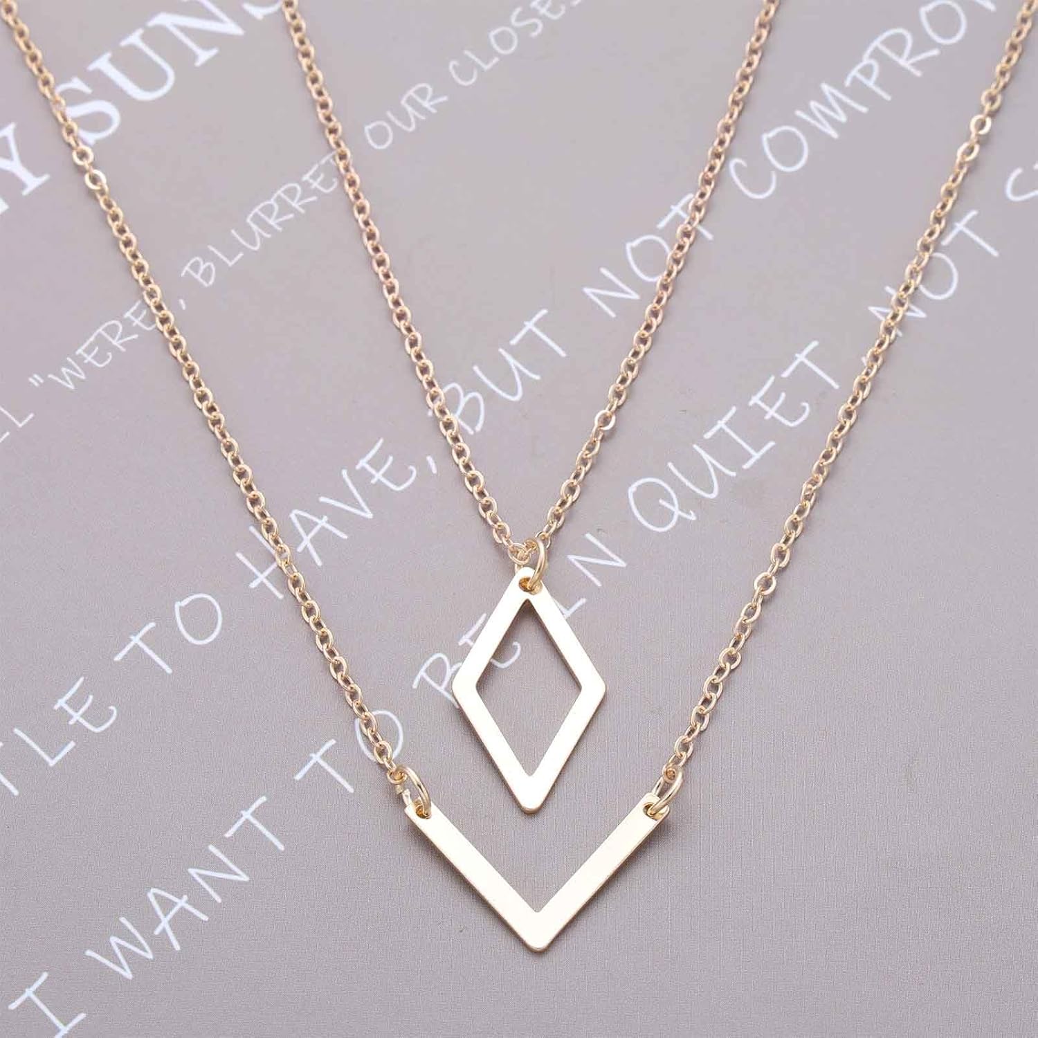 Vintage Gold V Shape Necklace Layered Square Pendant Necklace Chevron Bar Necklaces Hollow Square Choker Necklaces Jewelry for Women - Image 7