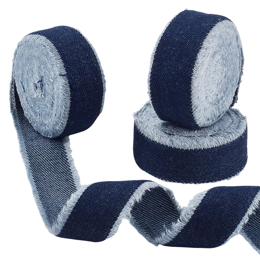 AHANDMAKER 3 Rolls Marine Blue Denim Ribbon for Crafts 1 Inch x 15 Yards Handmade Cotton Frayed Fringe Fabric Ribbons for Gift Wrapping Hair Sewing Accessories Holiday Flower Bouquets Wedding Decor