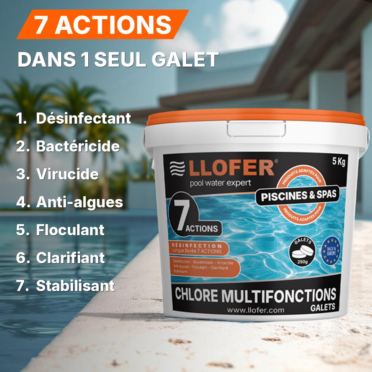 Pack Chlore Multifonction Piscine 7 Actions 5 kg + Thermomètre Piscine Inclus - Galets 250 g - 92% Chlore Actif - Désinfection Longue Durée - Fabriqué en Europe