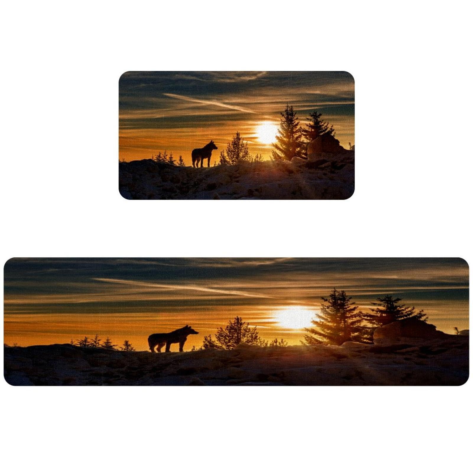 Tapete de cocina de 2 piezas VAPOKF con diseño de lobos montaña y puesta de sol de invierno