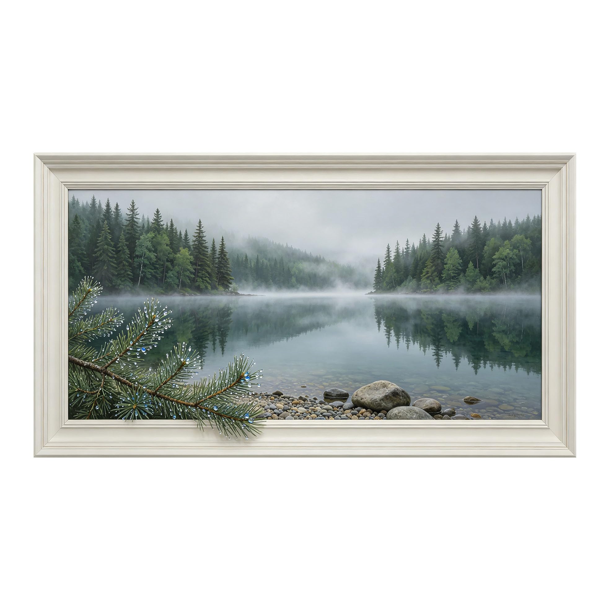 Yzpallescene 3D Framed Wall Art 50cm×100cm Misty Lake Pine Forest Seascape Realistic Trompe L'oeil Panoramic Large Size SelfAdhesive Removable Wall Decor Prints Artwork for Living Room Bedroom Office