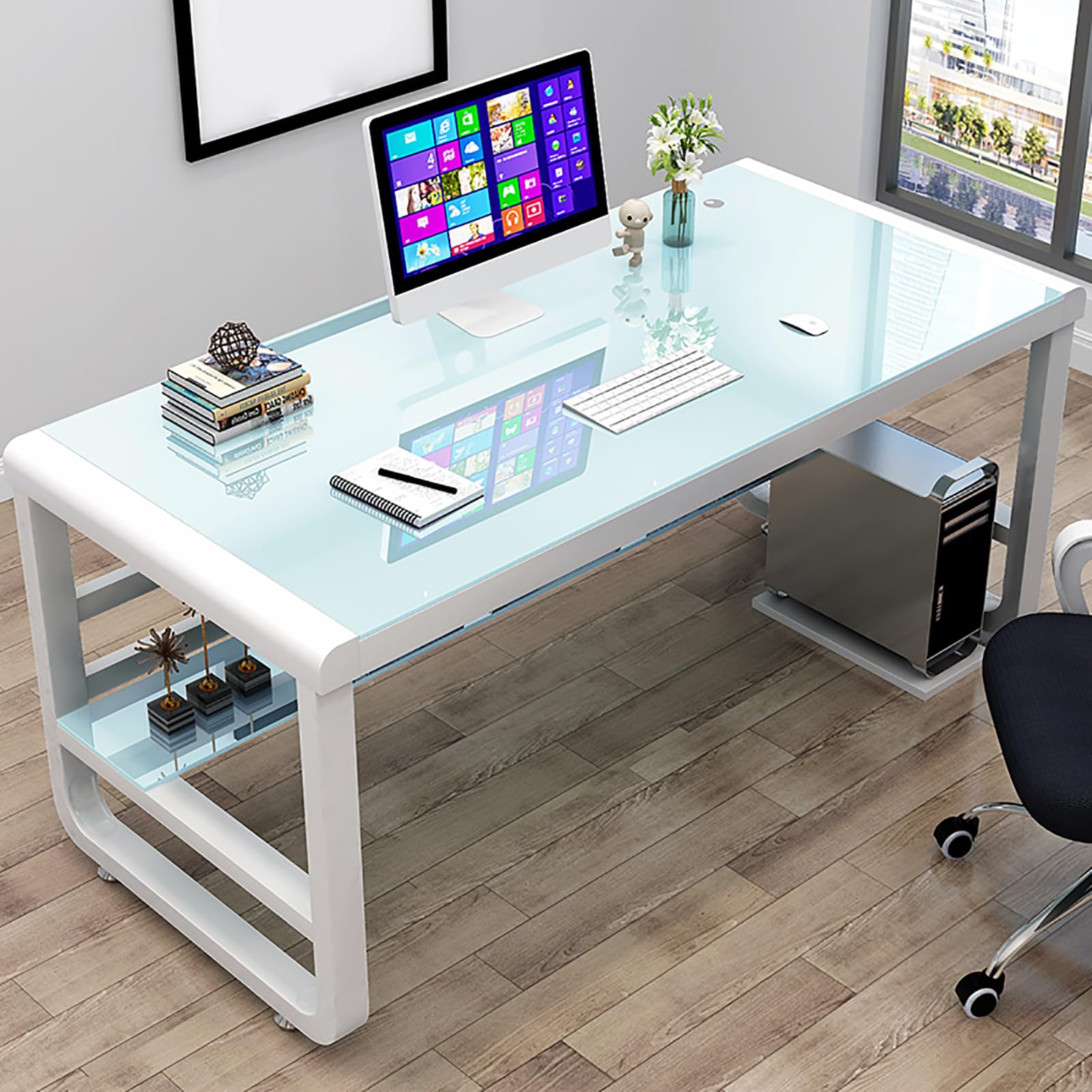 MESCXTY 31/39/47in Home Office Desks, Modern Computer Desk Sturdy Writing and Study with Tempered Glass Metal Frame, Personal Gaming for Workstation