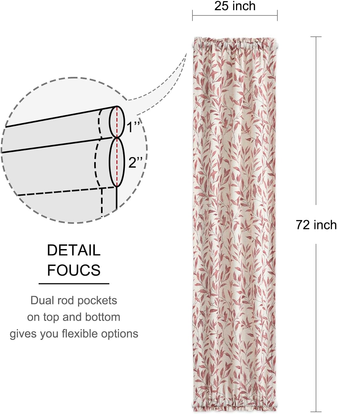 VOGOL Red Sliding Glass Door Curtain, Rustic Style Curtains for Door Window with Rod Pocket at Top and Bottom, 1 Panels Decorative Drapery for Closet, 25x72 Inches