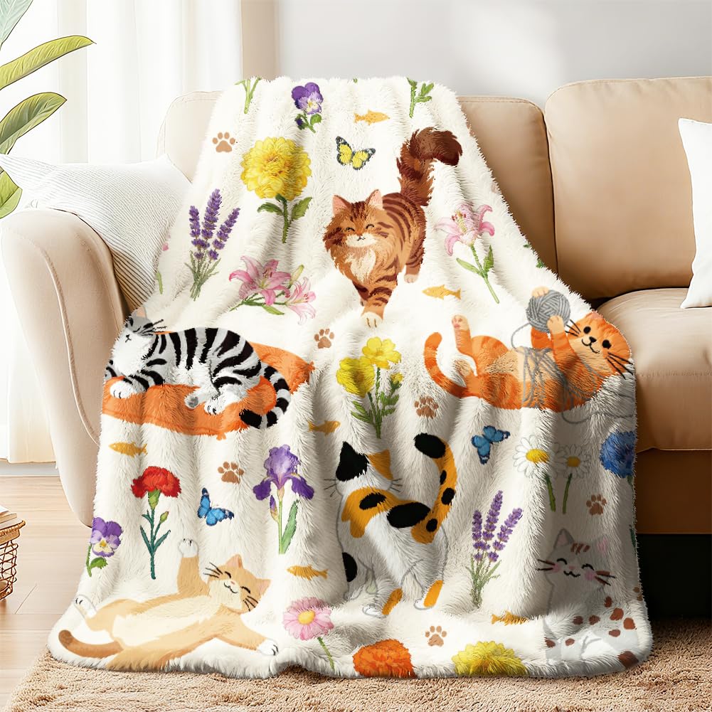 WADORN Katzen Kuscheldecke Geschenk Für Frauen, 150x130cm Katzen Blumenmuster Kuscheldecke Für Katzenliebhaber Katzenfreunde Wildblumen Flauschig Weich Flanell Fleecedecke Für Büro Schlafzimmer Sofa