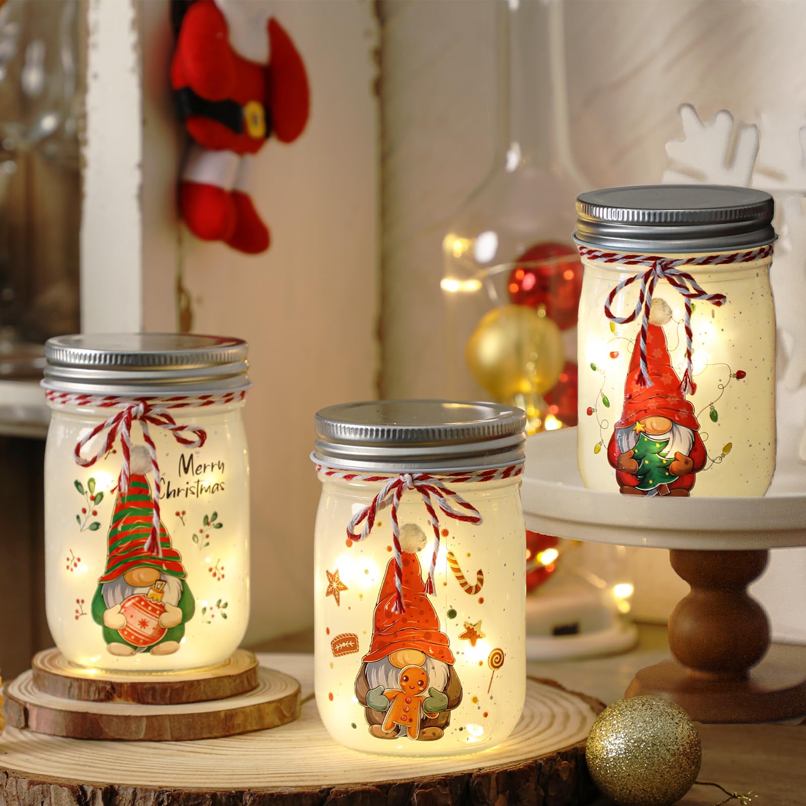 3 Pack Christmas Mason Jars with LED Light, Cute Christmas Decorative Mason Jars, Christmas Table Decorations, Xmas Gift, Christmas Home Decor Indoor